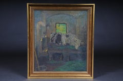 Oil Painting Cows in the Stall Sign Felix Eisengräber, 1920