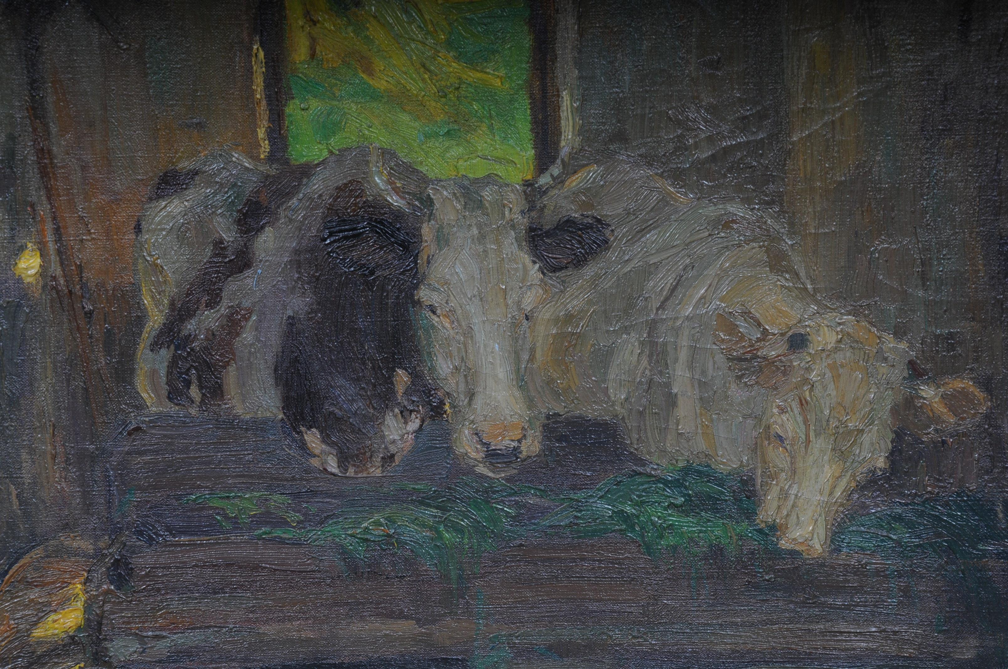 German Oil Painting Cows in the Stall Sign Felix Eisengräber, 1920 For Sale