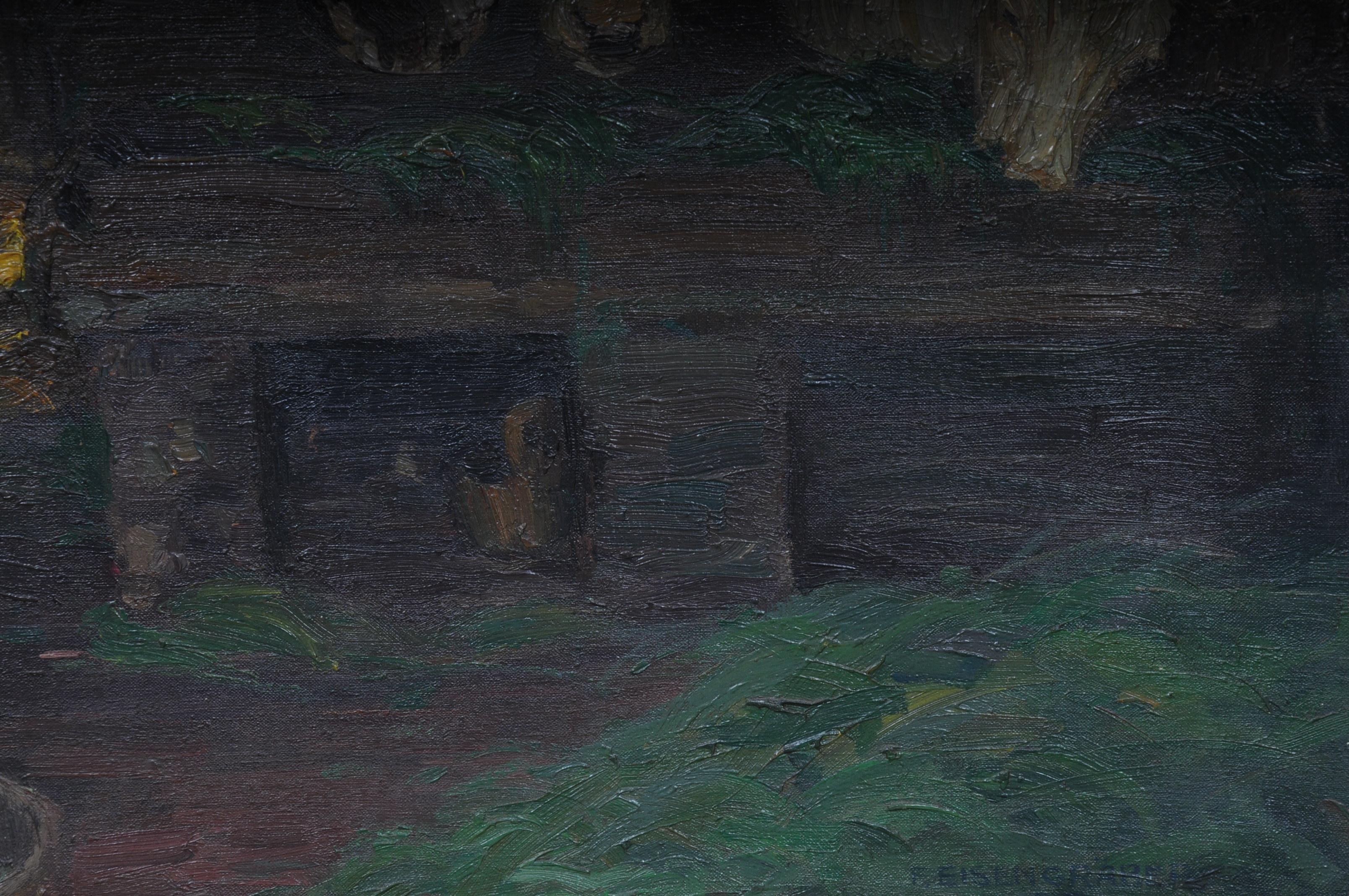 Toile Peinture à l'huile « Cows in the Stall Sign » de Felix Eisengräber, 1920 en vente