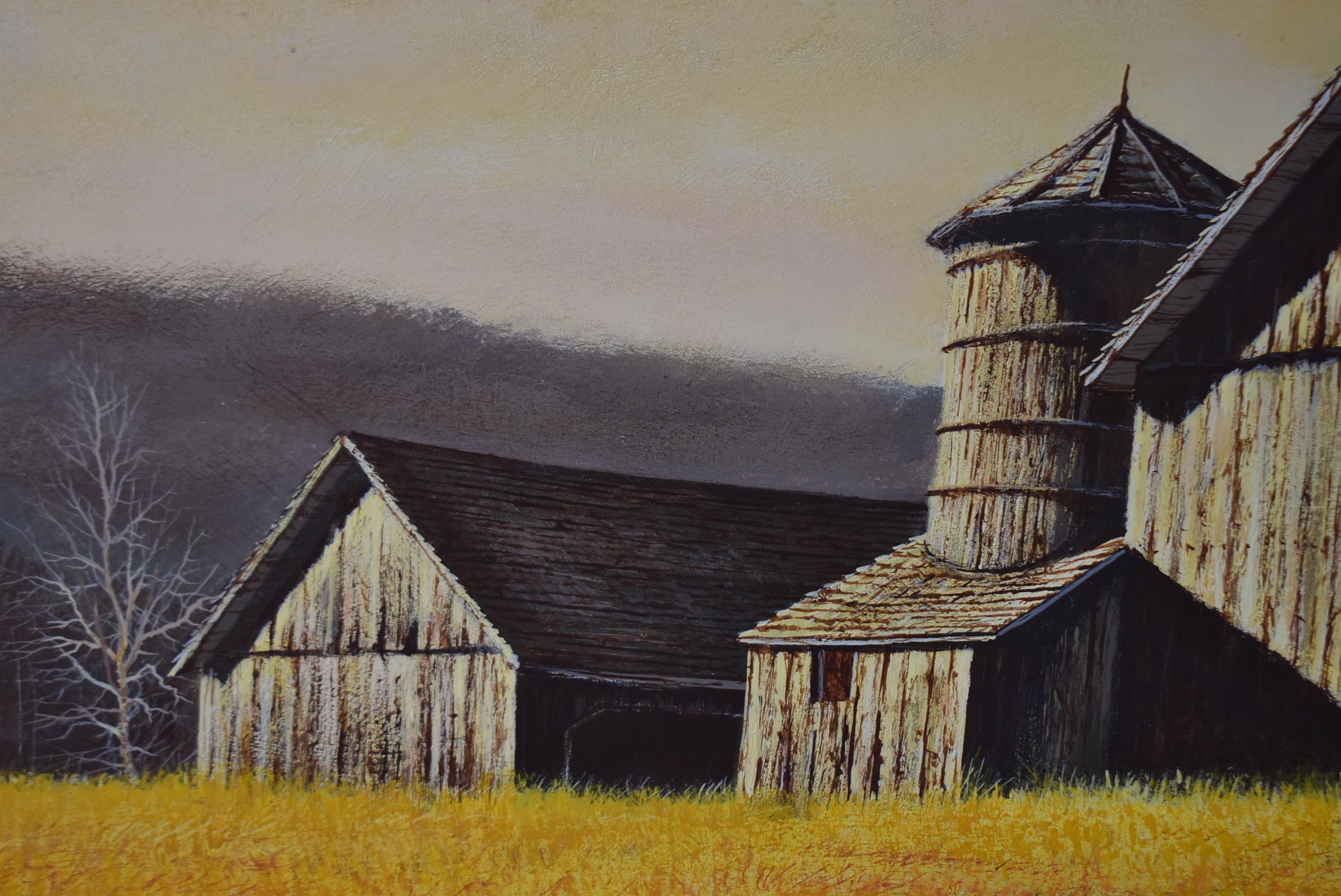 Moderne Peinture à l'huile - Paysage de David Merrill avec grange en vente