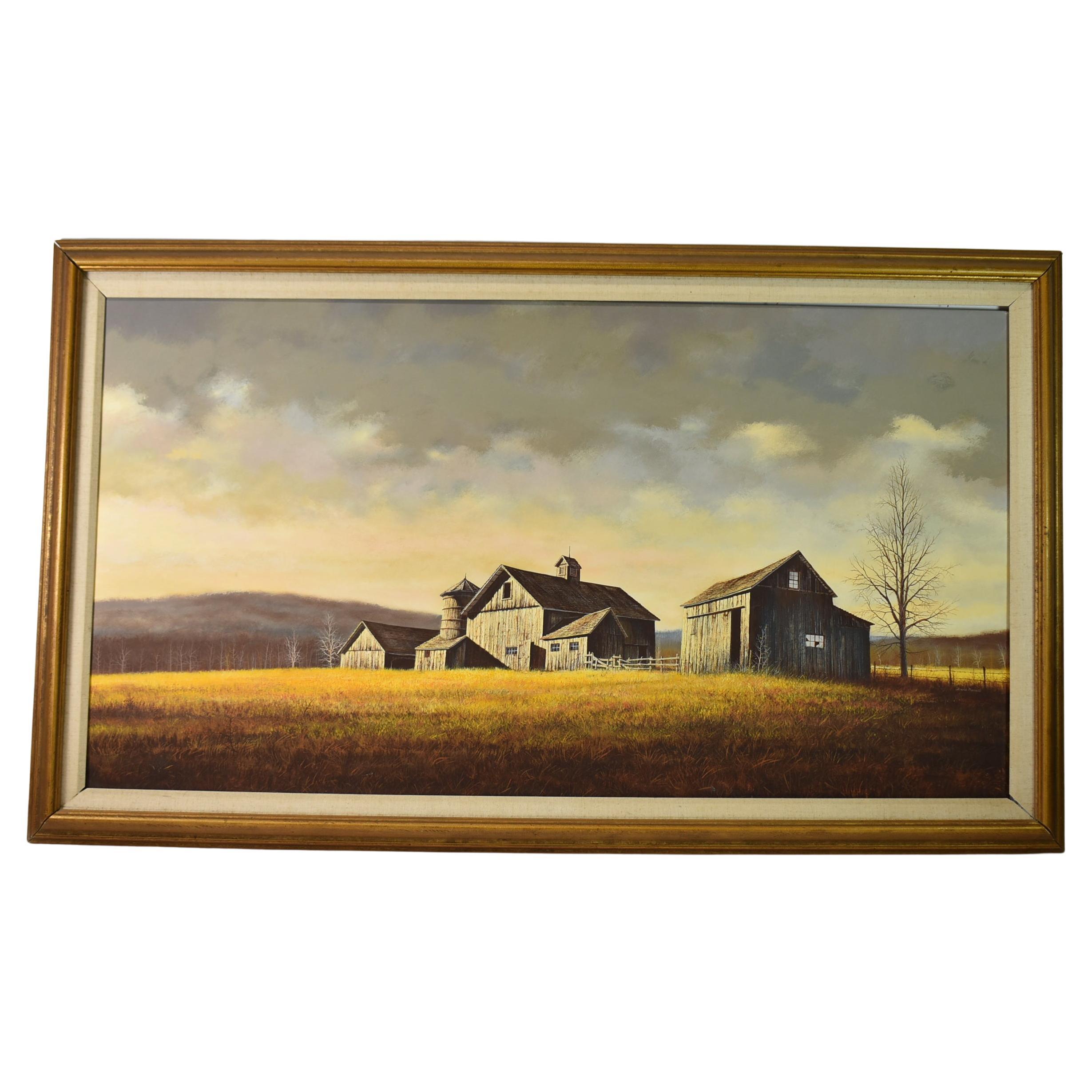 Peinture à l'huile - Paysage de David Merrill avec grange