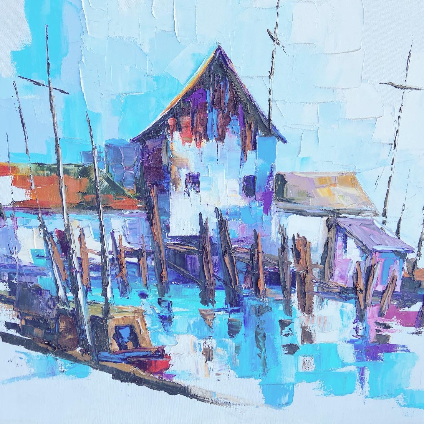 Colorful Oil Painting depicting an old boat house signed by Tina Pay.

Additional information:
Material: Canvas
Color: Blue, White
Style: Vintage
Artist: Tina Pay
Time Period: 1990s
Place of origin: USA
Dimension: 30.5” L, 1.5” D, 24” H.