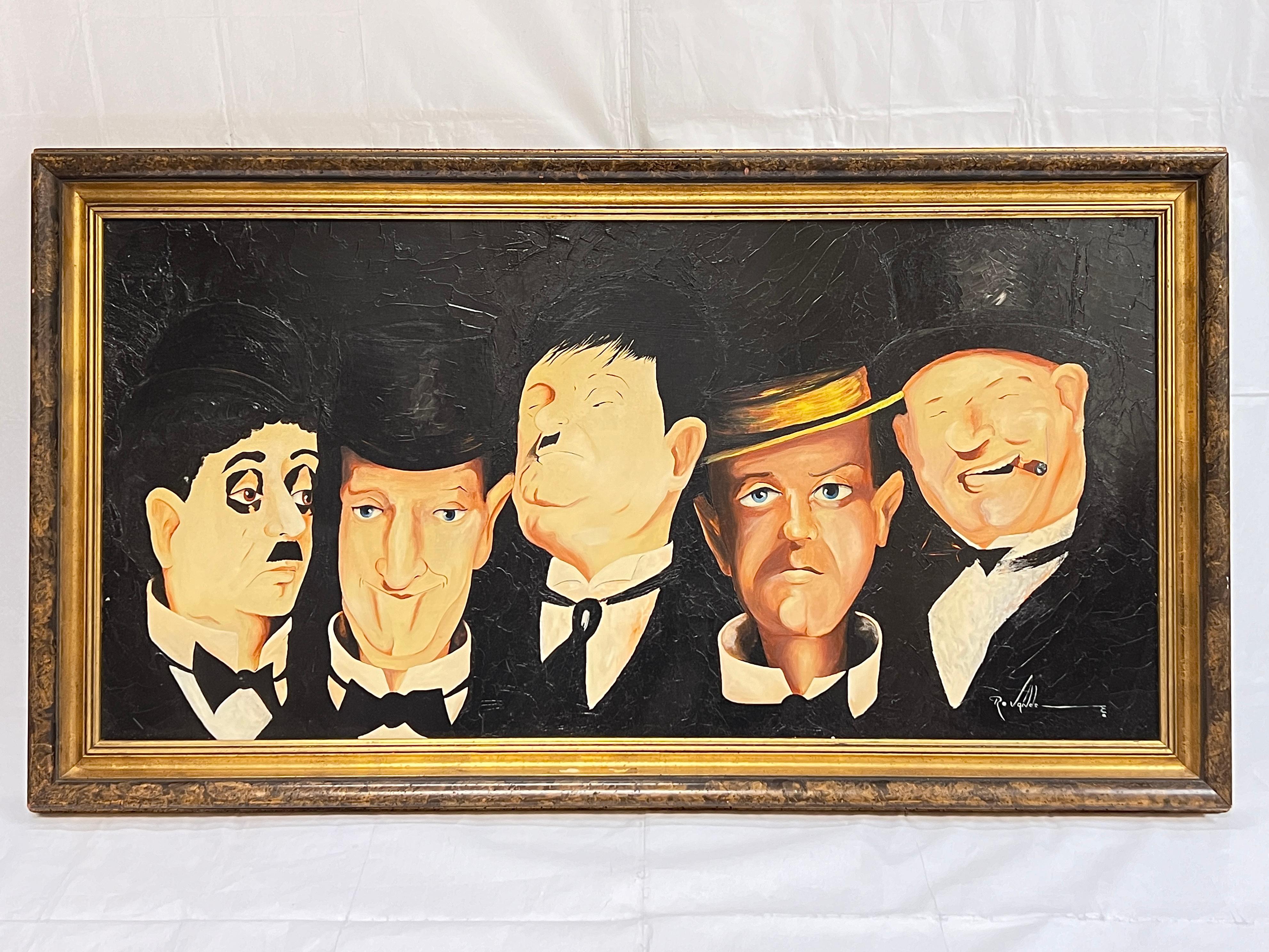 Unser entzückendes Öl auf Künstlerpappe des amerikanischen Malers Richard Sands zeigt die führenden Komödiendarsteller der Stummfilm- und frühen Tonfilmzeit, darunter von links nach rechts Charlie Chaplin, Stan Laurel und Oliver Hardy, Buster Keaton