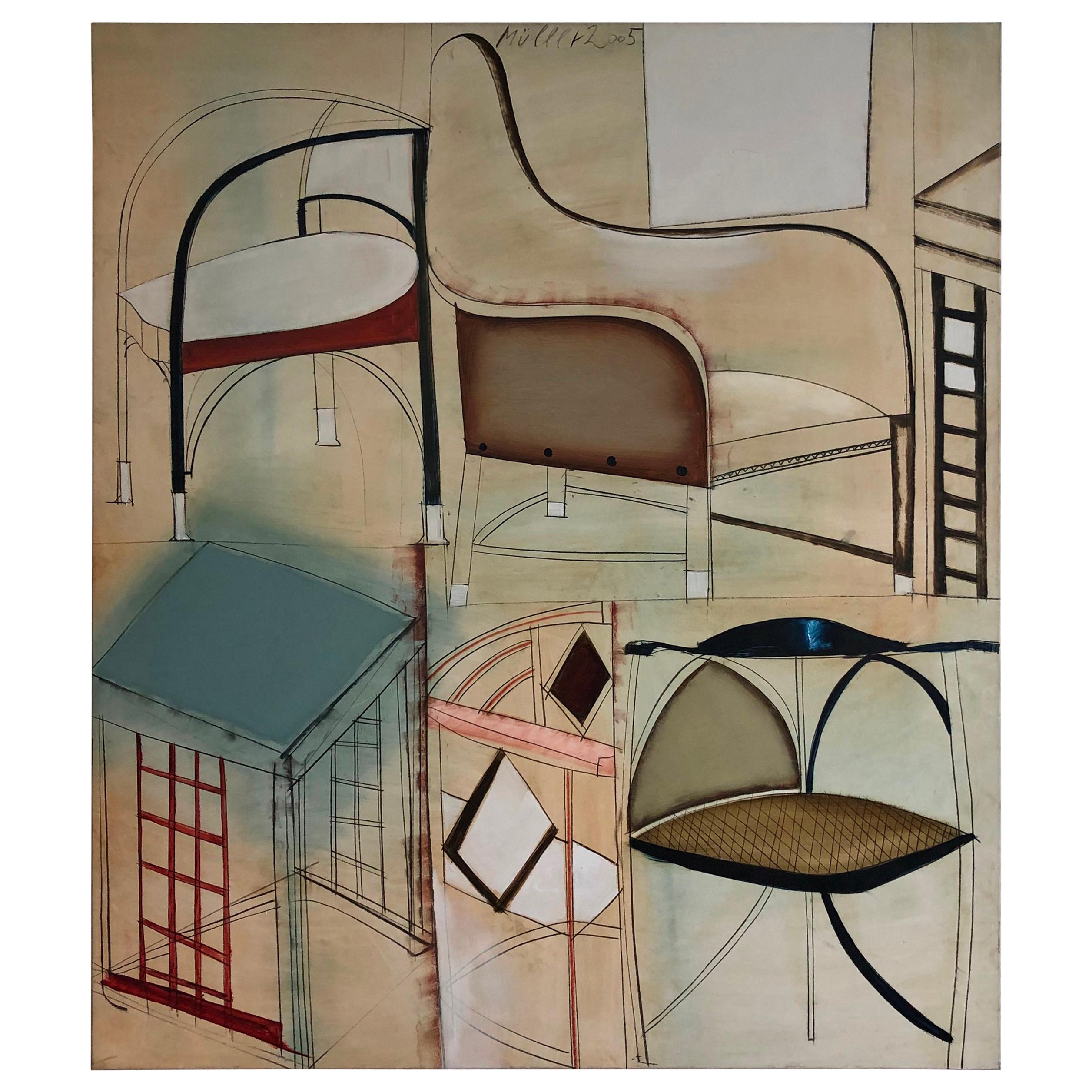 Oil Painting Depicting Vienna Secession Furniture by Arpad Muller, Hungary, 2005 For Sale