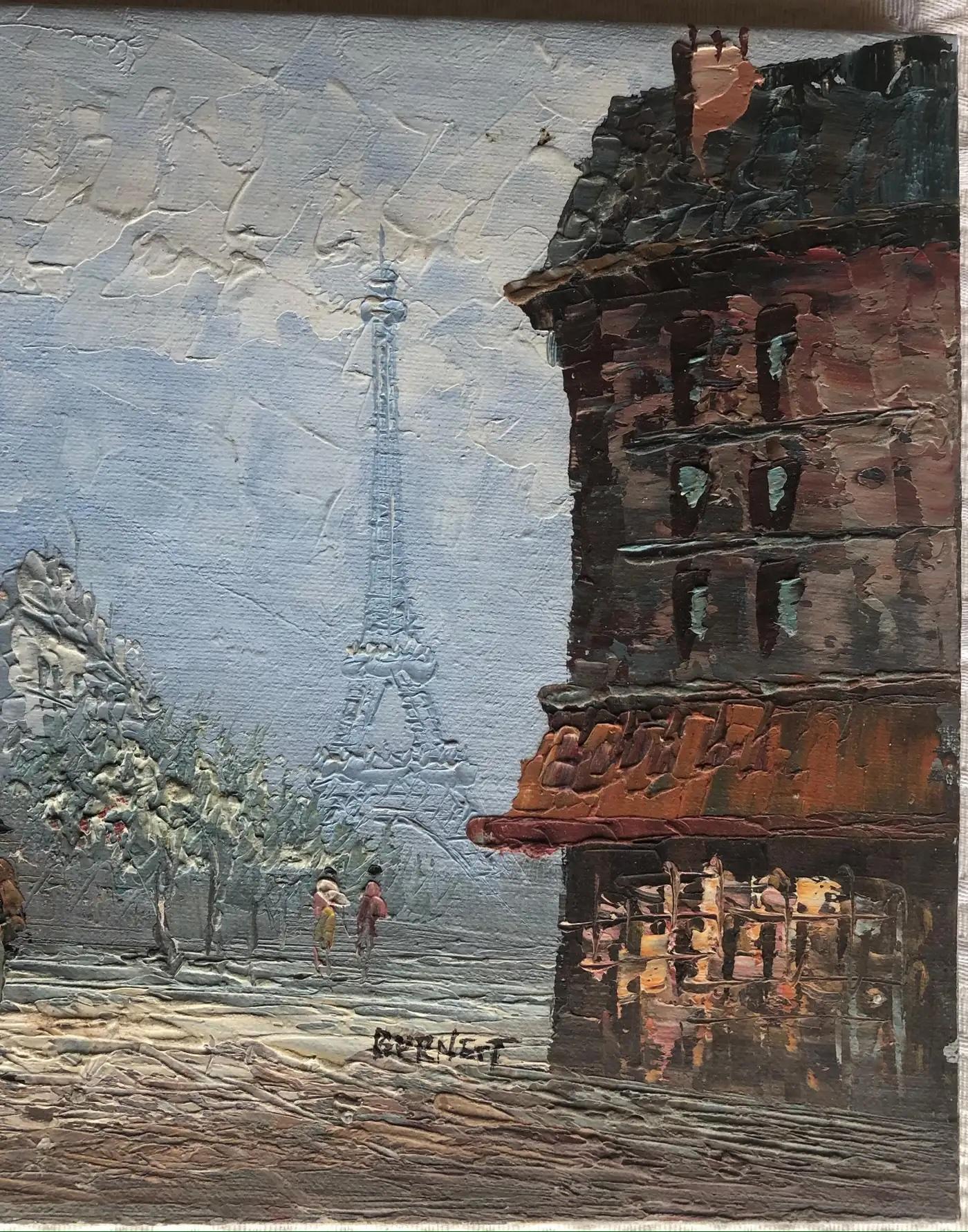 Una bella vista di un paesaggio urbano di Parigi, in Francia, con la Torre Eiffel sullo sfondo. Questo quadro raffigura perfettamente la vita a Parigi con i suoi ristoranti, le strade affollate, i caffè, gli hotel, i monumenti e la meravigliosa