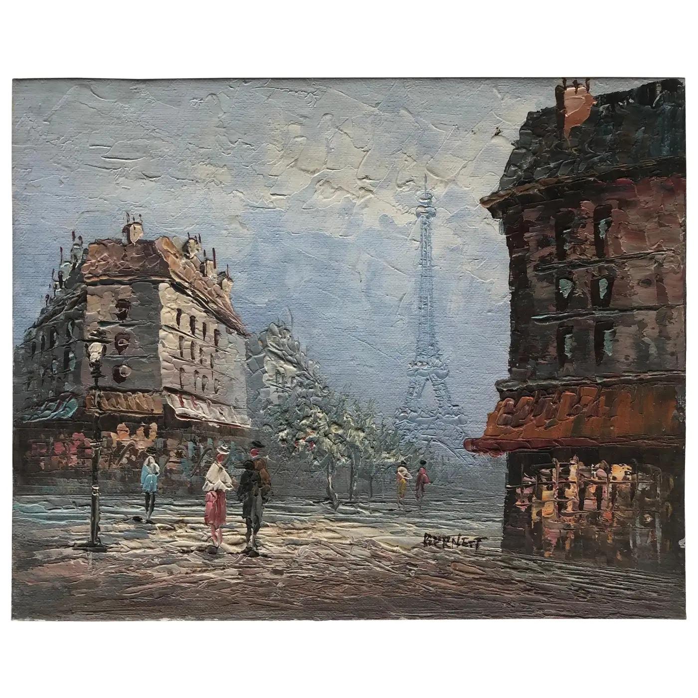 Moderno Pittura a olio Torre Eiffel Parigi attribuita a Caroline Burnett, Paesaggio urbano di Parigi in vendita