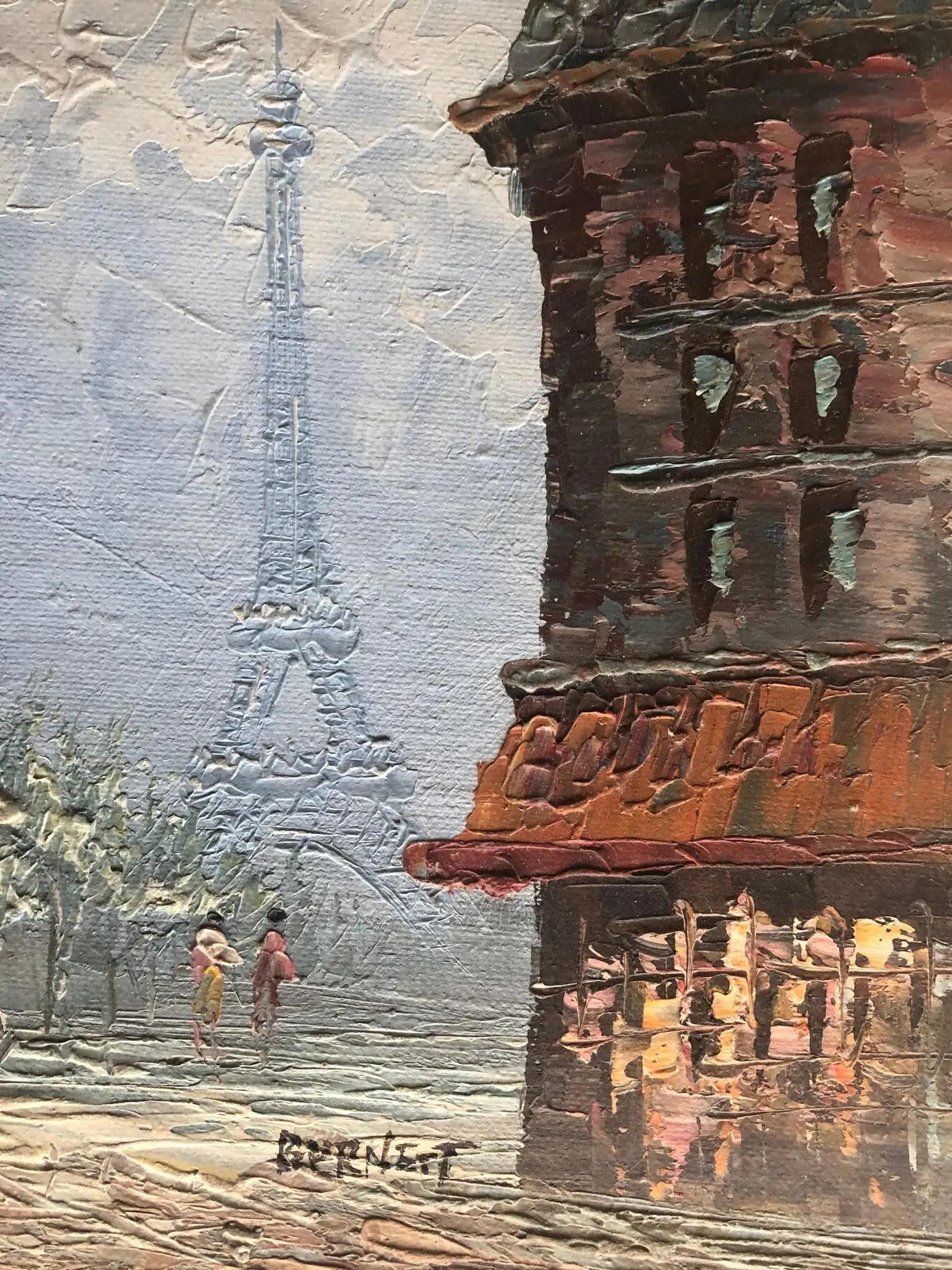 Francese Pittura a olio Torre Eiffel Parigi attribuita a Caroline Burnett, Paesaggio urbano di Parigi in vendita