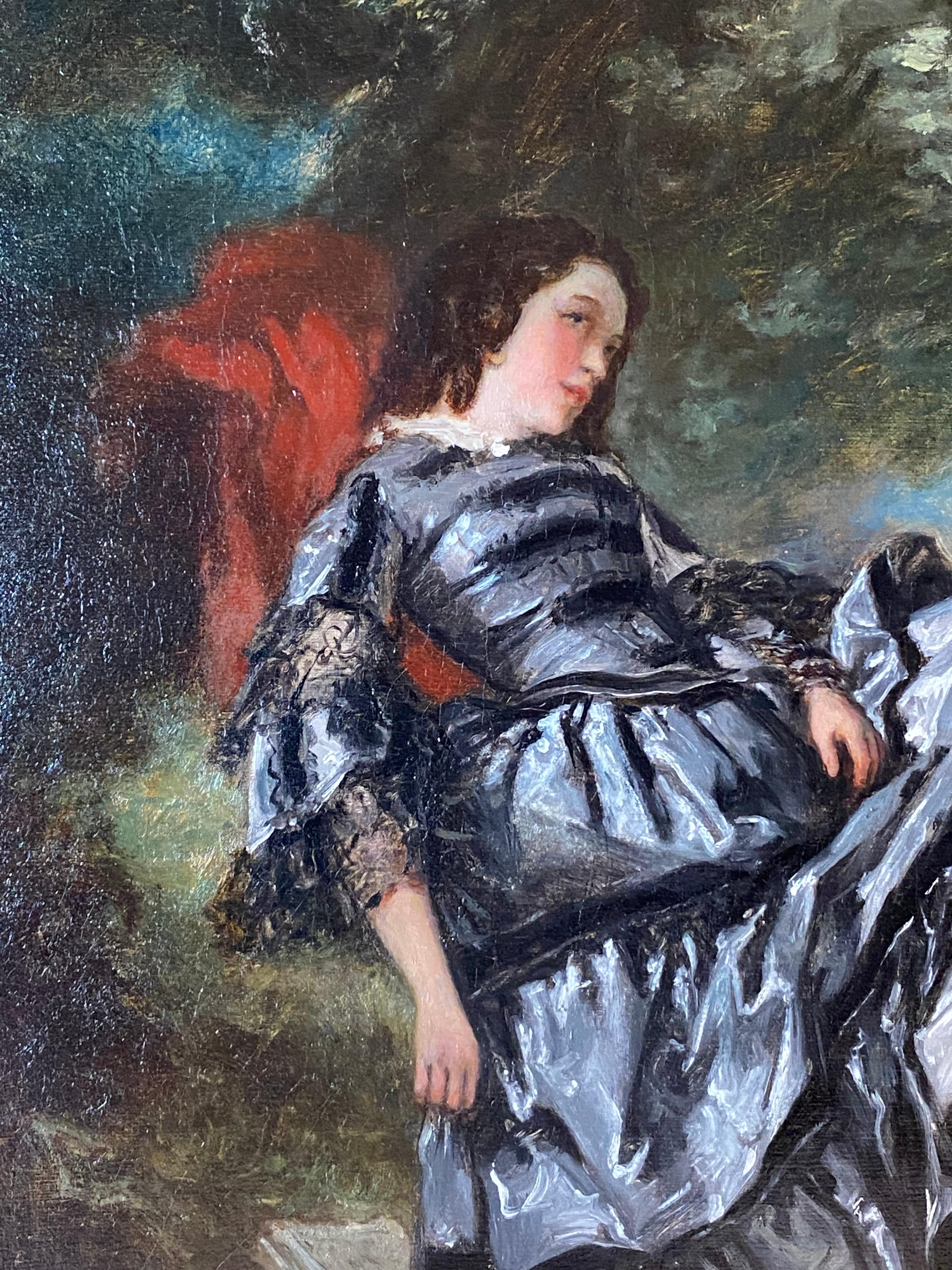 French Oil Painting Elegant Lady Under Tree by Nicolas François Octave Tassaert, 1850 For Sale