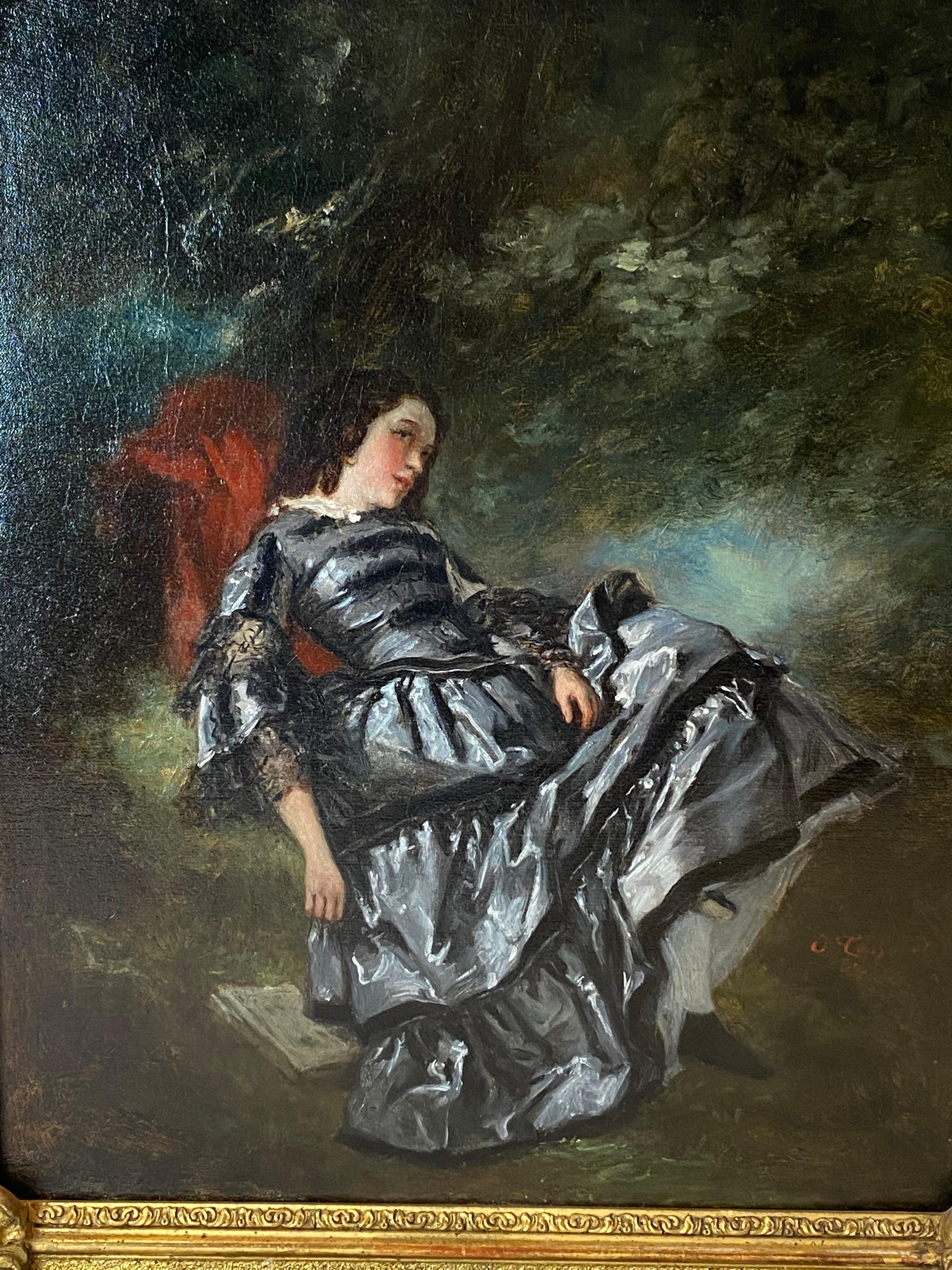Oil Painting Elegant Lady Under Tree by Nicolas François Octave Tassaert, 1850 In Good Condition For Sale In Banner Elk, NC