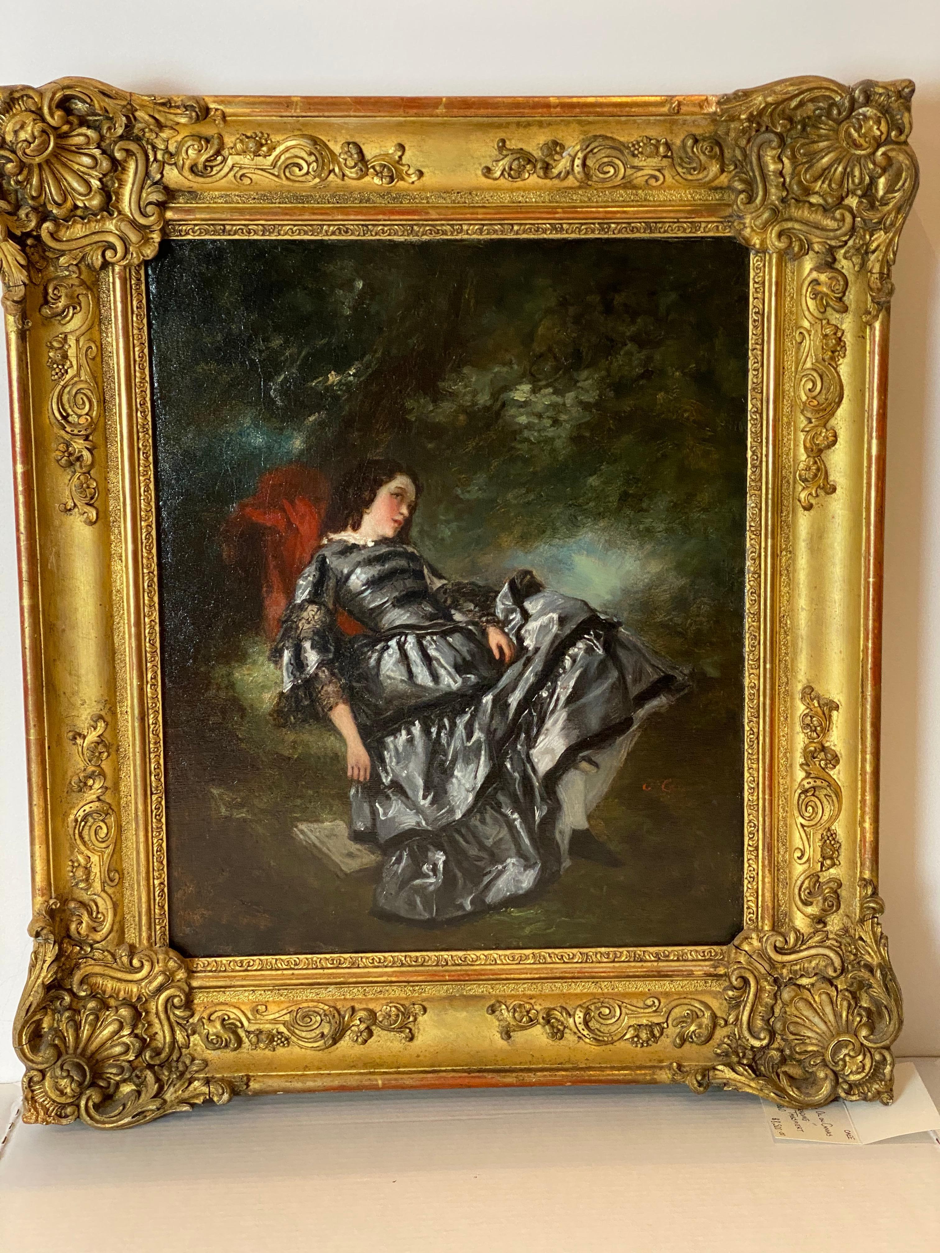 19th Century Oil Painting Elegant Lady Under Tree by Nicolas François Octave Tassaert, 1850 For Sale