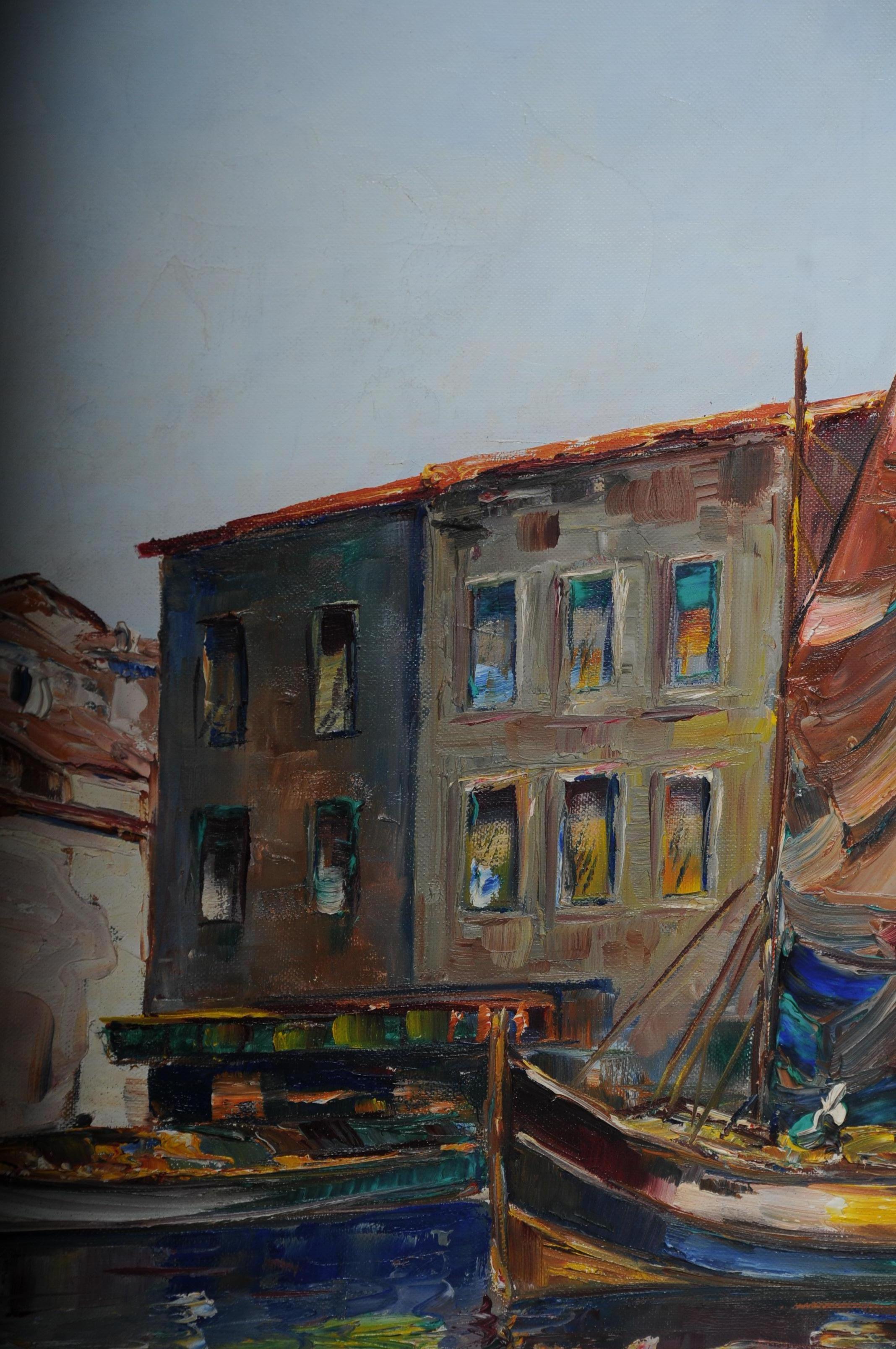 Oil Painting Fish Harbor of St. Tropez, 20th Century For Sale 3