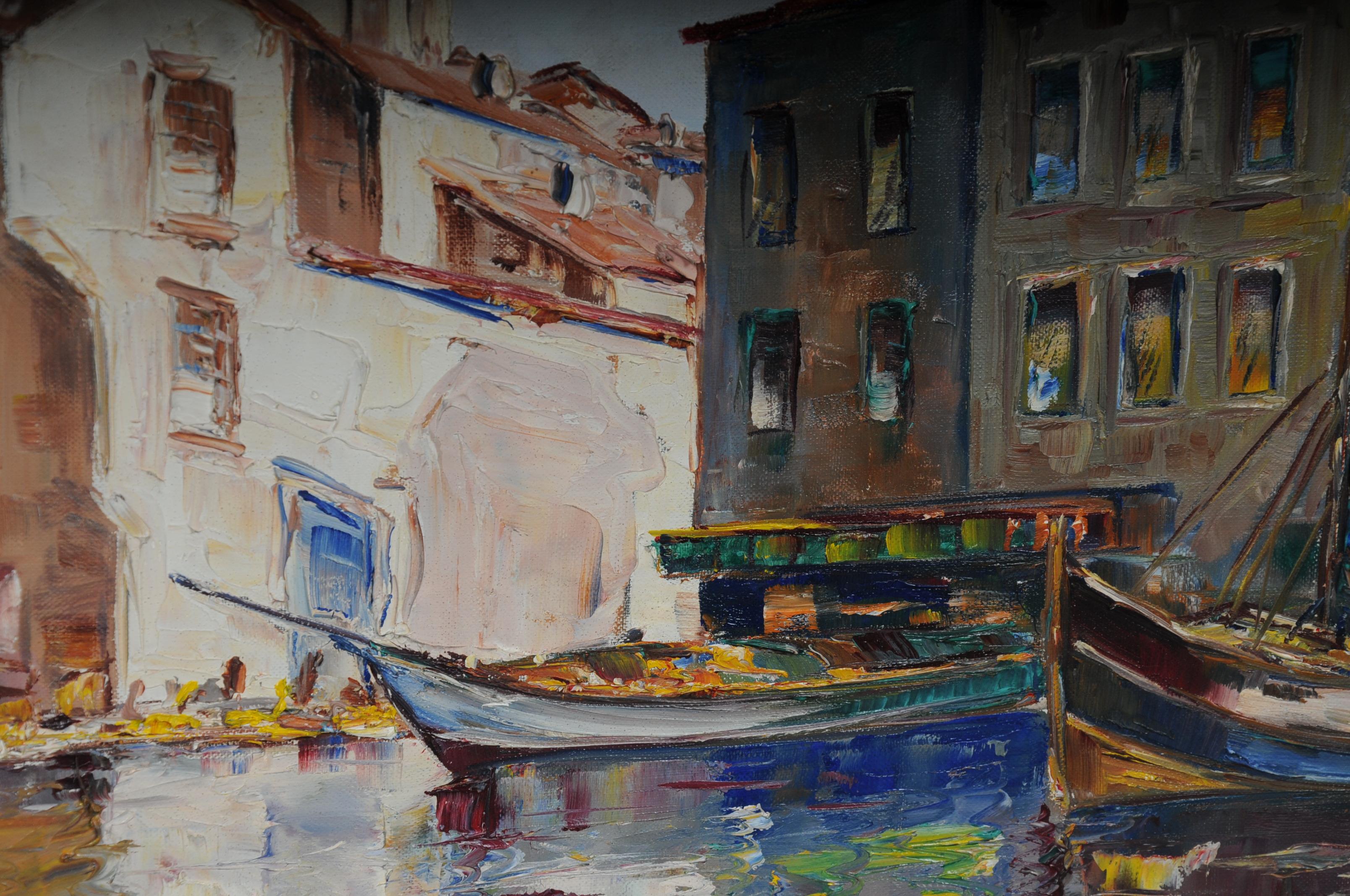 Oil Painting Fish Harbor of St. Tropez, 20th Century For Sale 6
