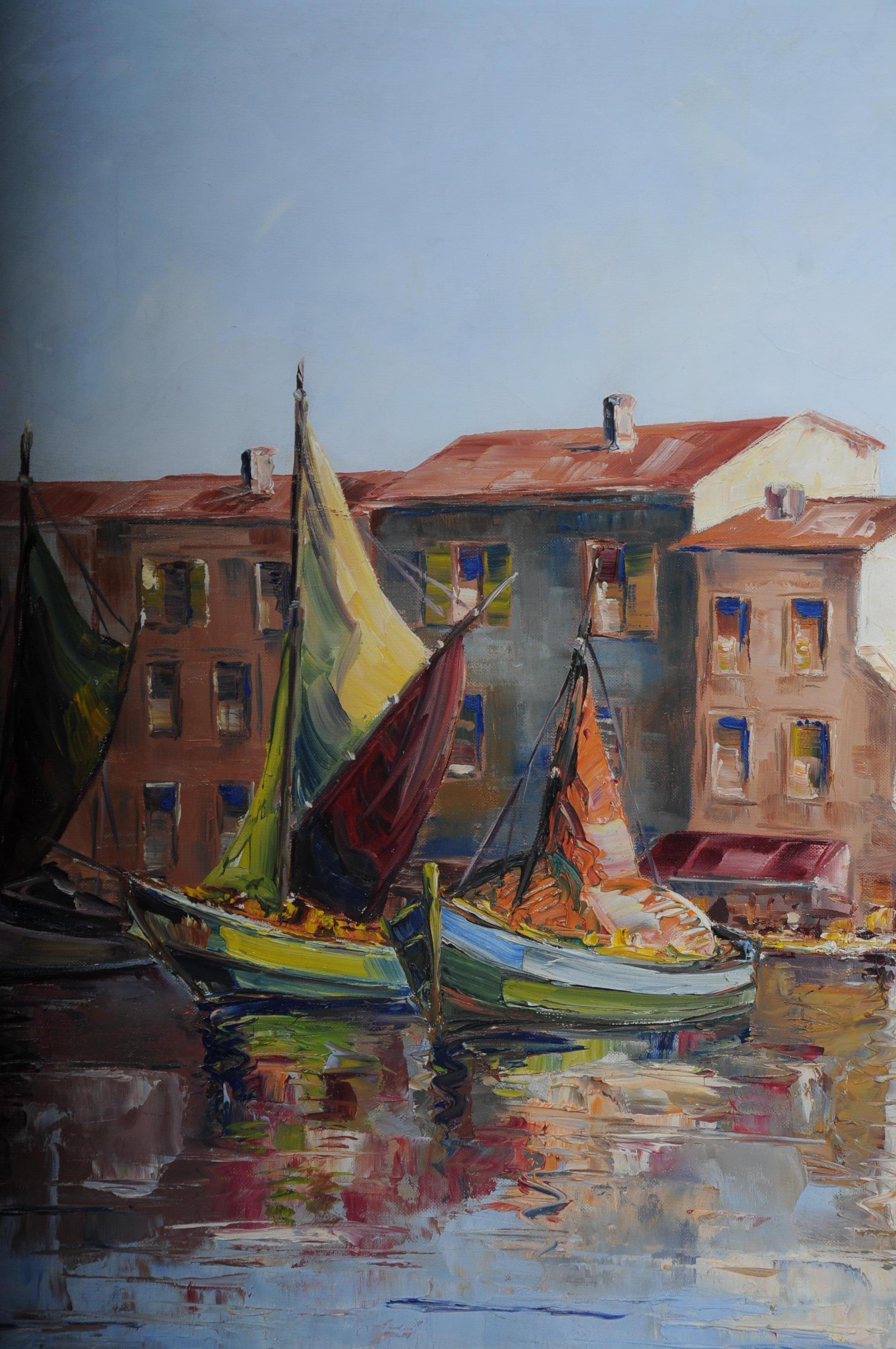 French Oil Painting Fish Harbor of St. Tropez, 20th Century For Sale