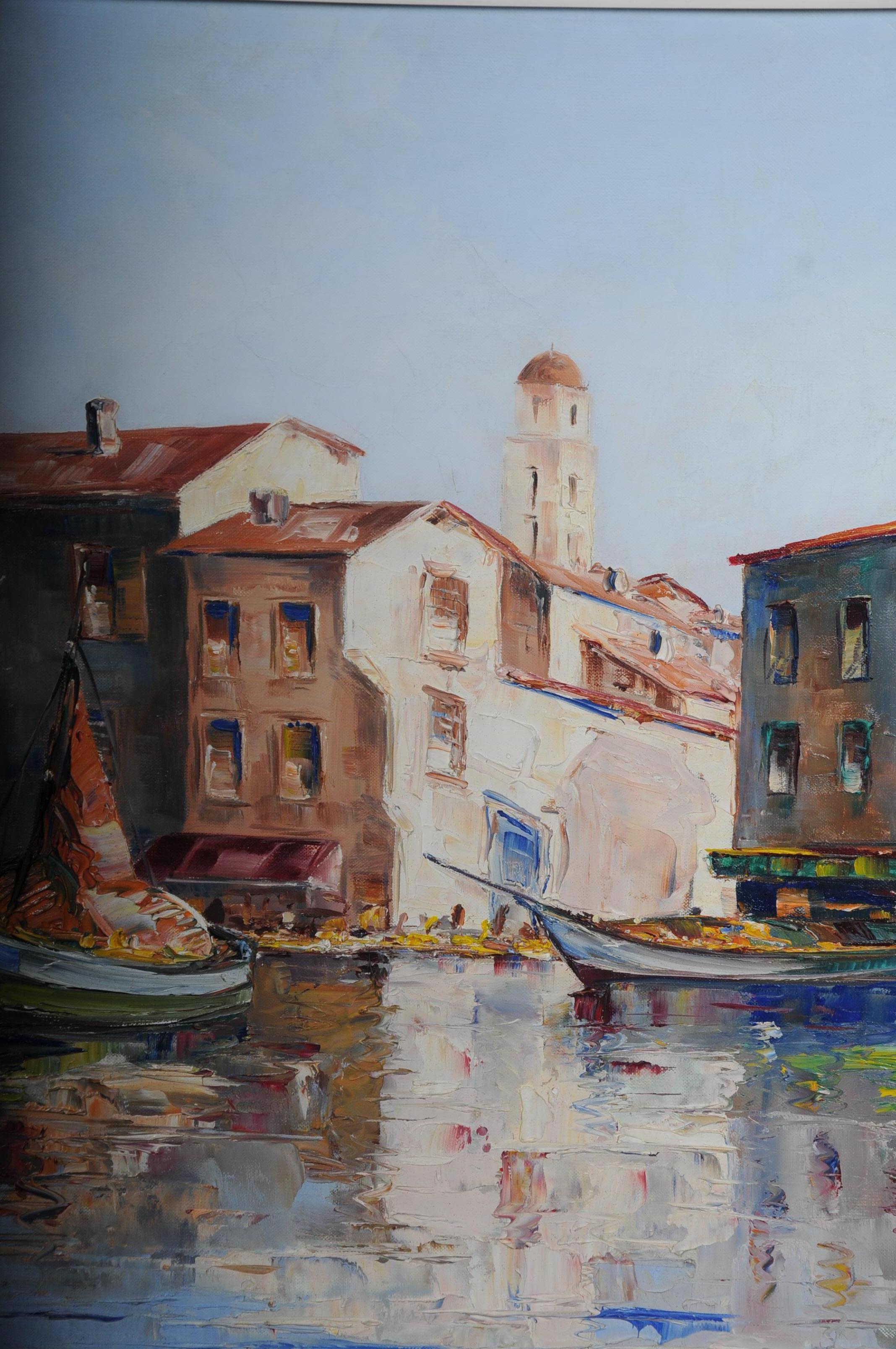 Hand-Painted Oil Painting Fish Harbor of St. Tropez, 20th Century For Sale