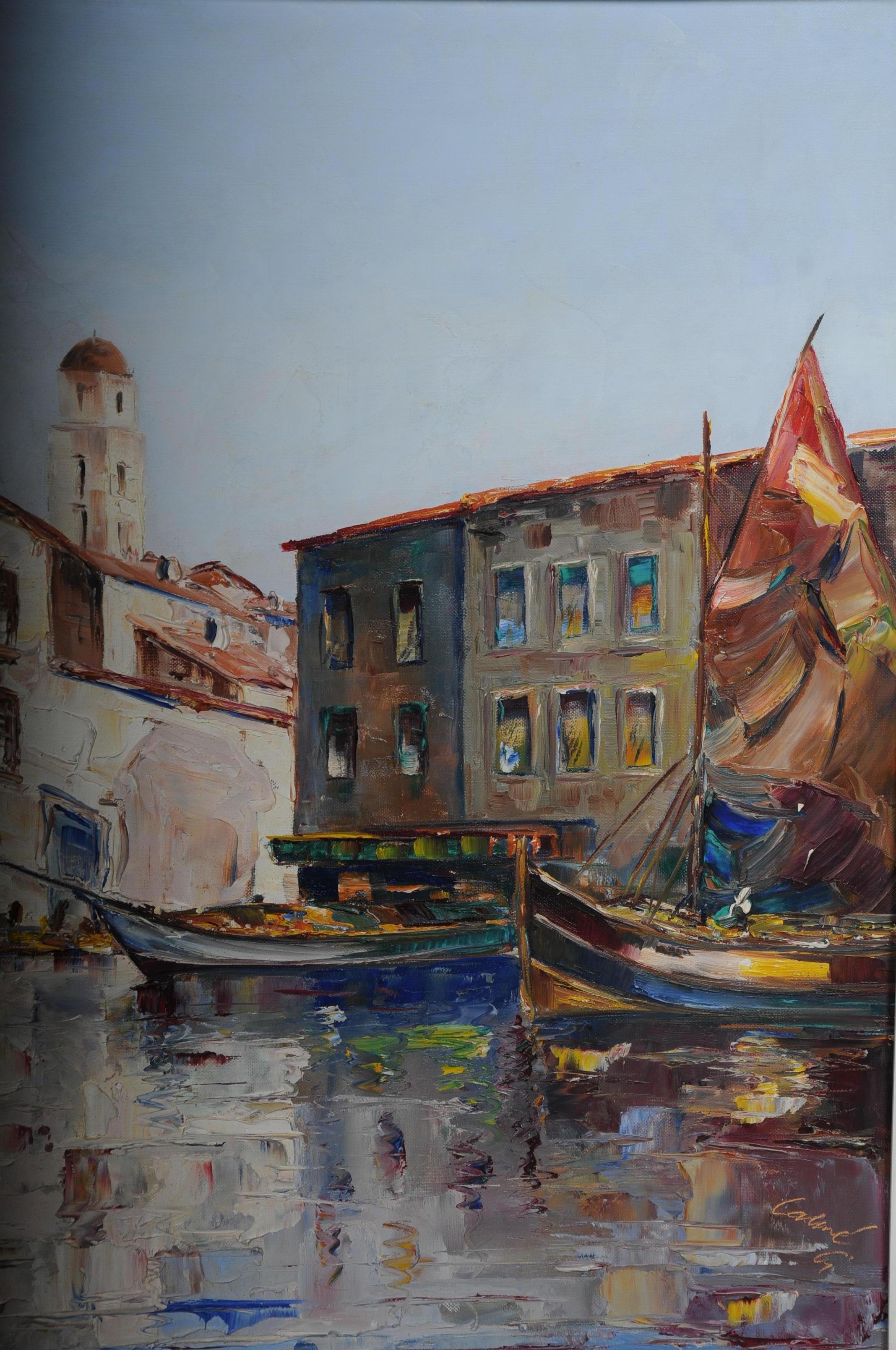 Oil Painting Fish Harbor of St. Tropez, 20th Century In Good Condition For Sale In Berlin, DE