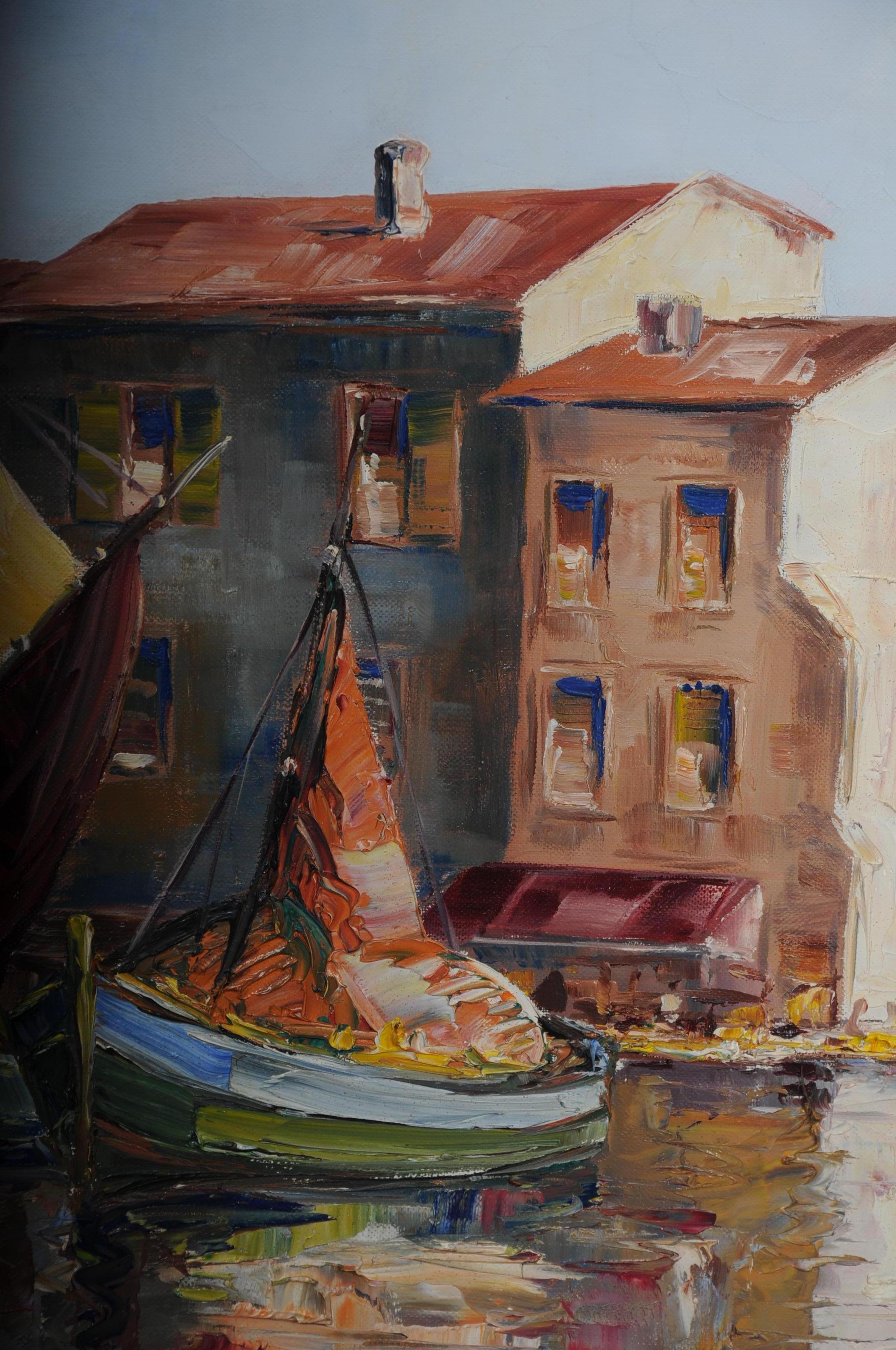 Oil Painting Fish Harbor of St. Tropez, 20th Century For Sale 1