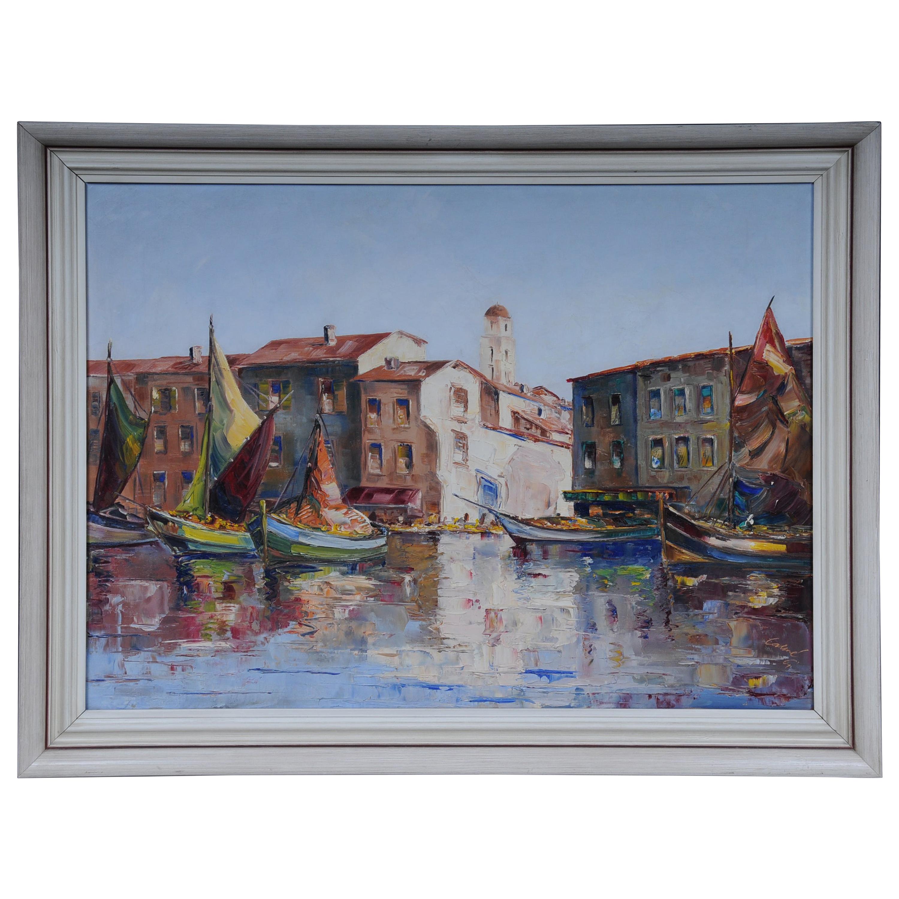 Oil Painting Fish Harbor of St. Tropez, 20th Century For Sale