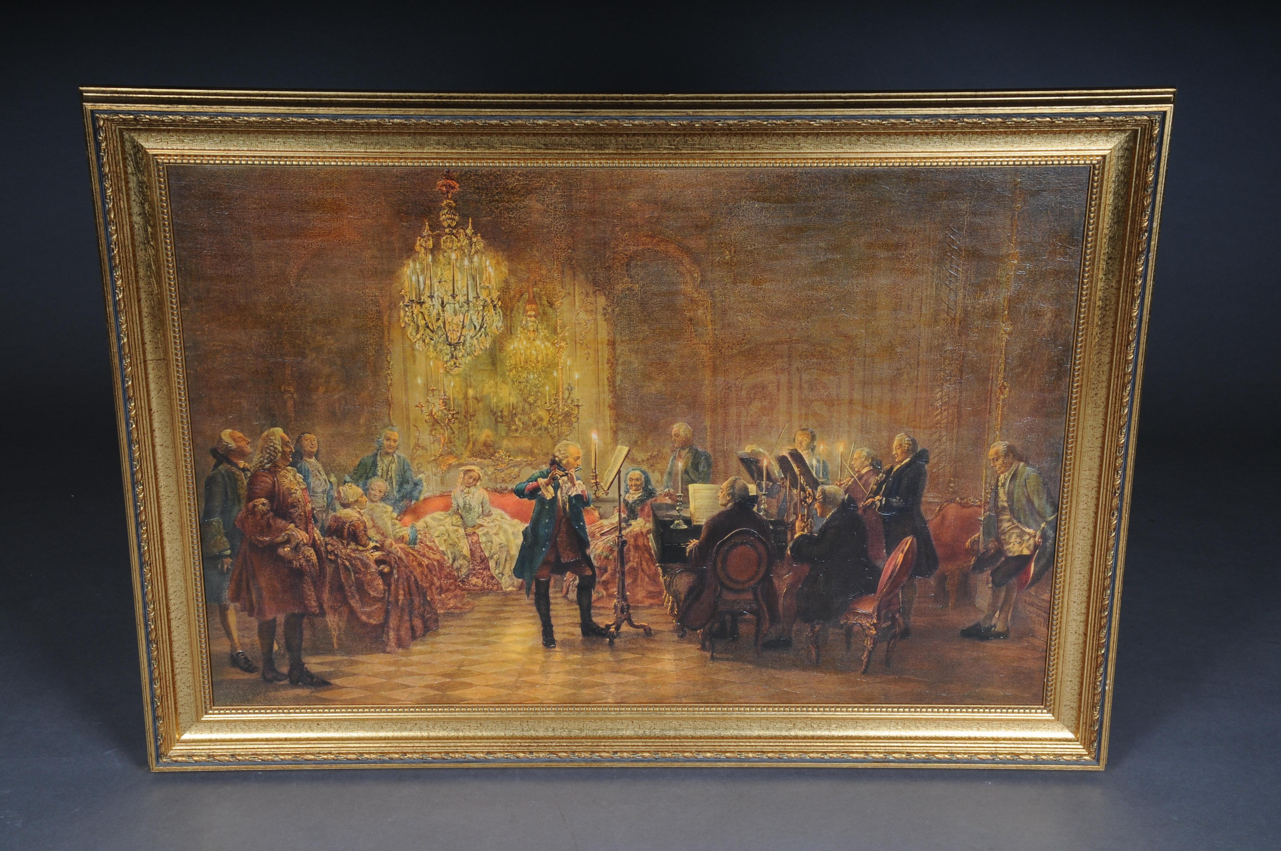 Oil painting Flute Concert with Frederick the Great in Sanssouci after Adolph Menzel

Large oil on canvas painting after Adolph Menzel, overprint

Ornate and gilded frame.