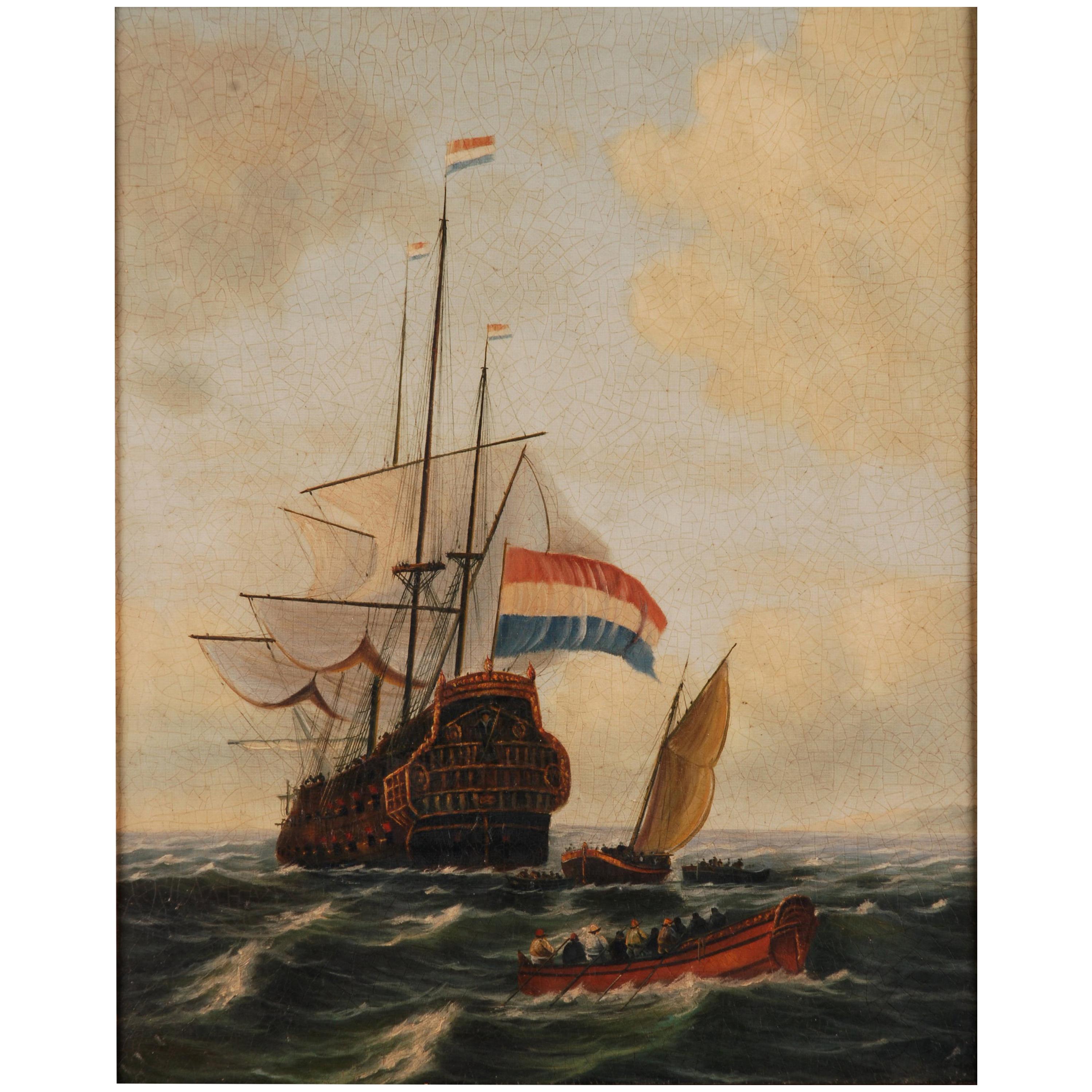 Oil Painting  dutch sail galleon in the Ocean For Sale