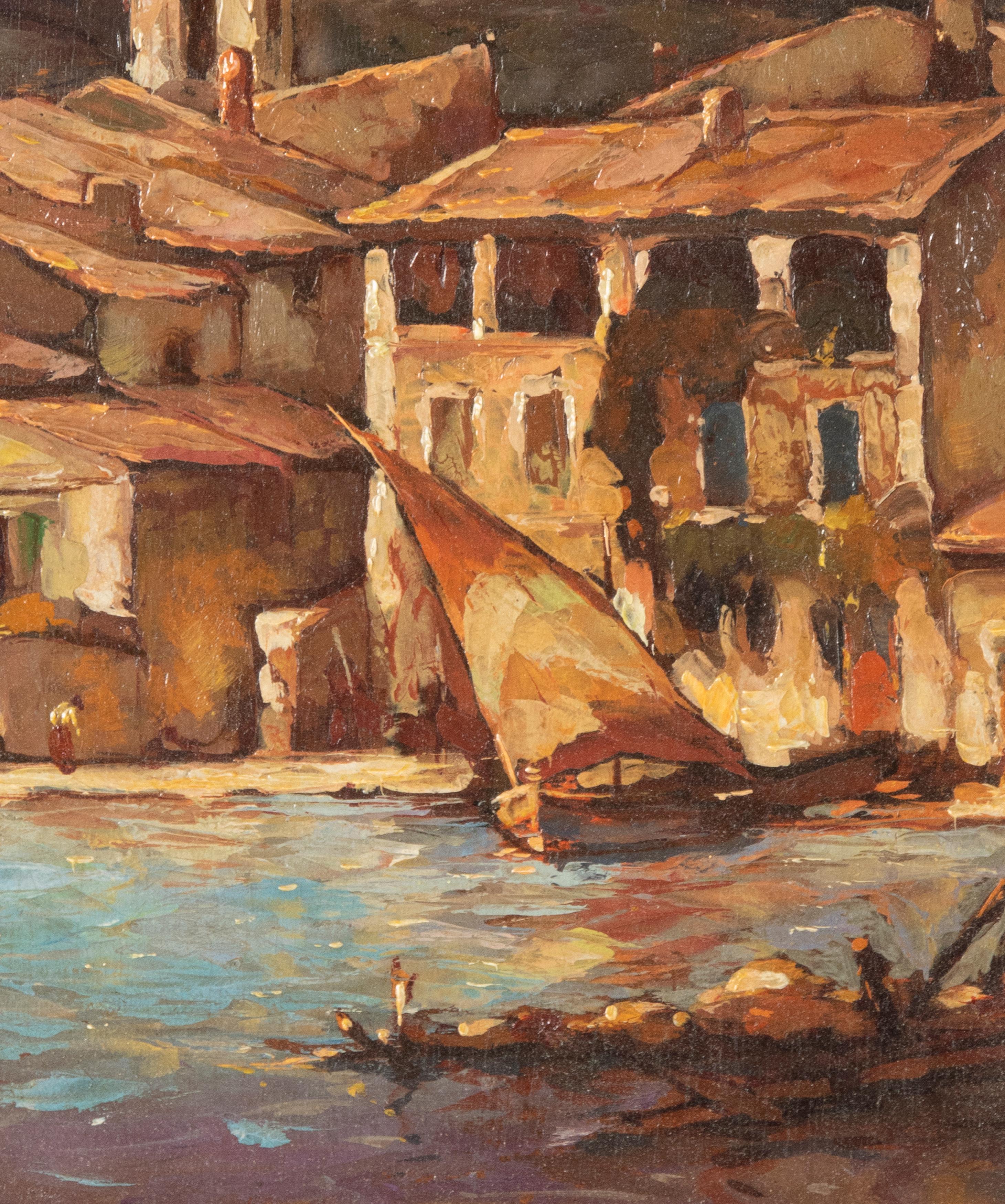 Peinture à l'huile d'une vue de port de 1937 par Carles Bisschops, huile sur panneau en vente 4