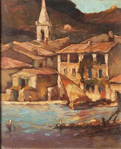 Oil Painting from 1937 Harbor View by Carles Bisschops, Oil on Panel