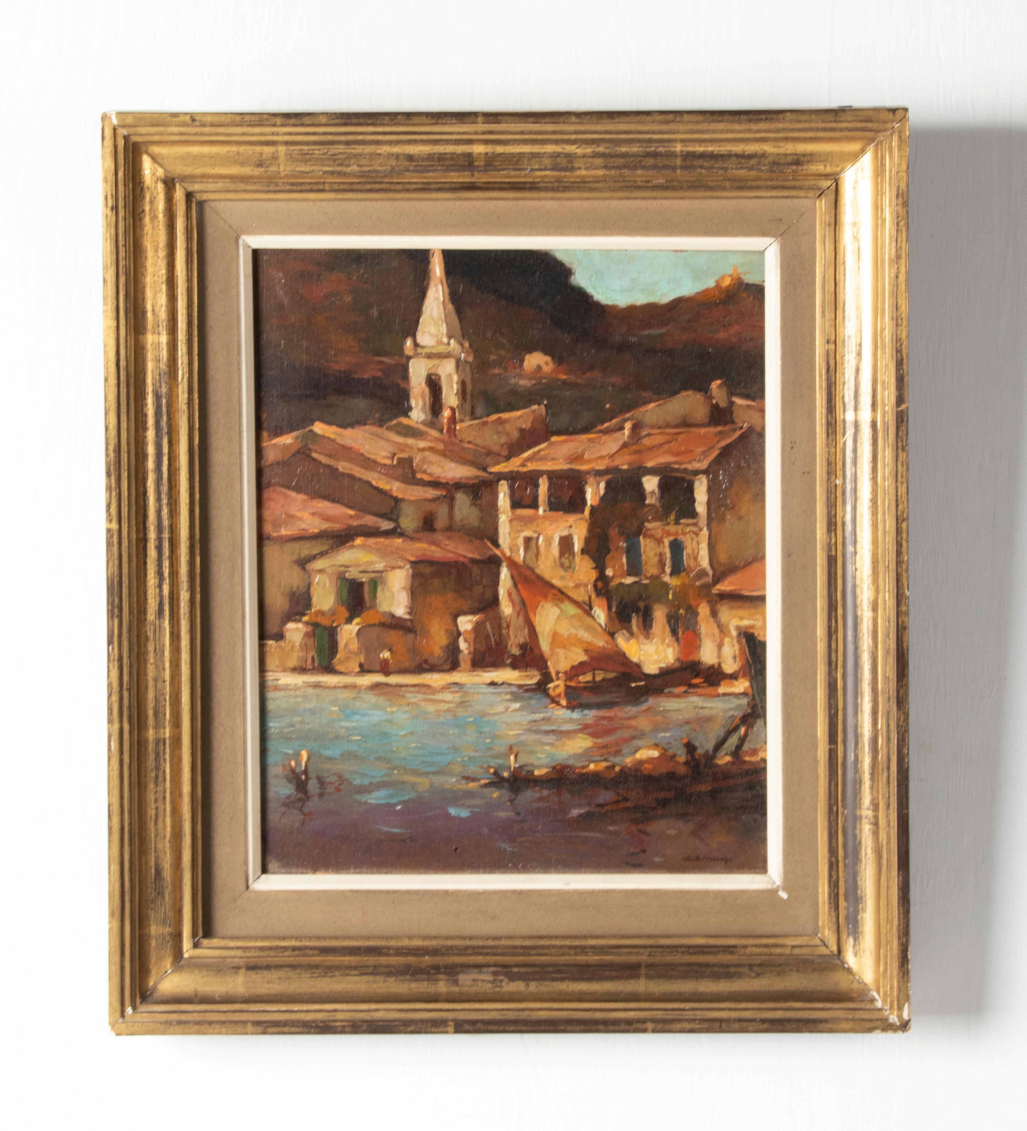 Romantique Peinture à l'huile d'une vue de port de 1937 par Carles Bisschops, huile sur panneau en vente