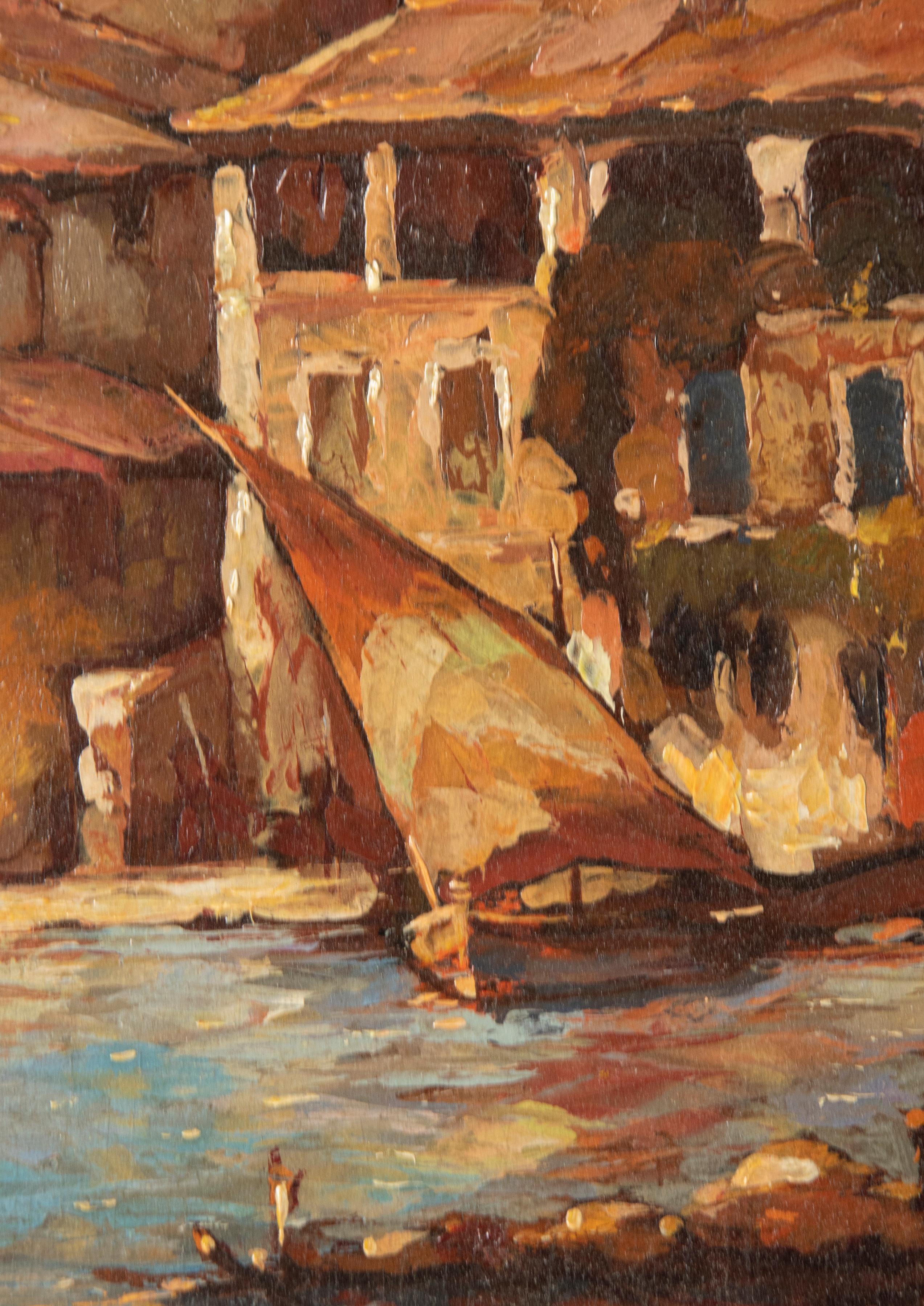 French Oil Painting from 1937 Harbor View by Carles Bisschops, Oil on Panel For Sale