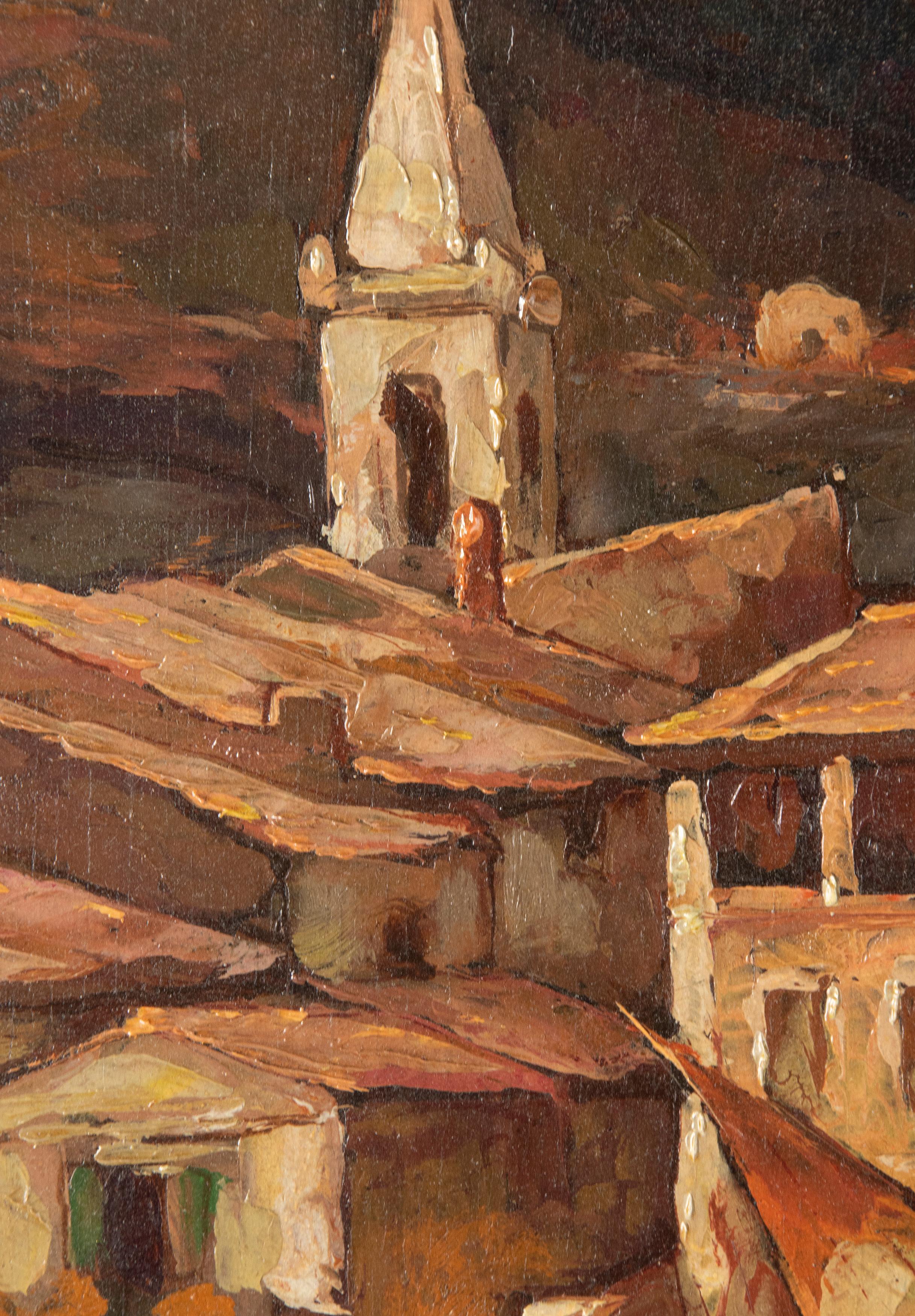 Milieu du XXe siècle Peinture à l'huile d'une vue de port de 1937 par Carles Bisschops, huile sur panneau en vente