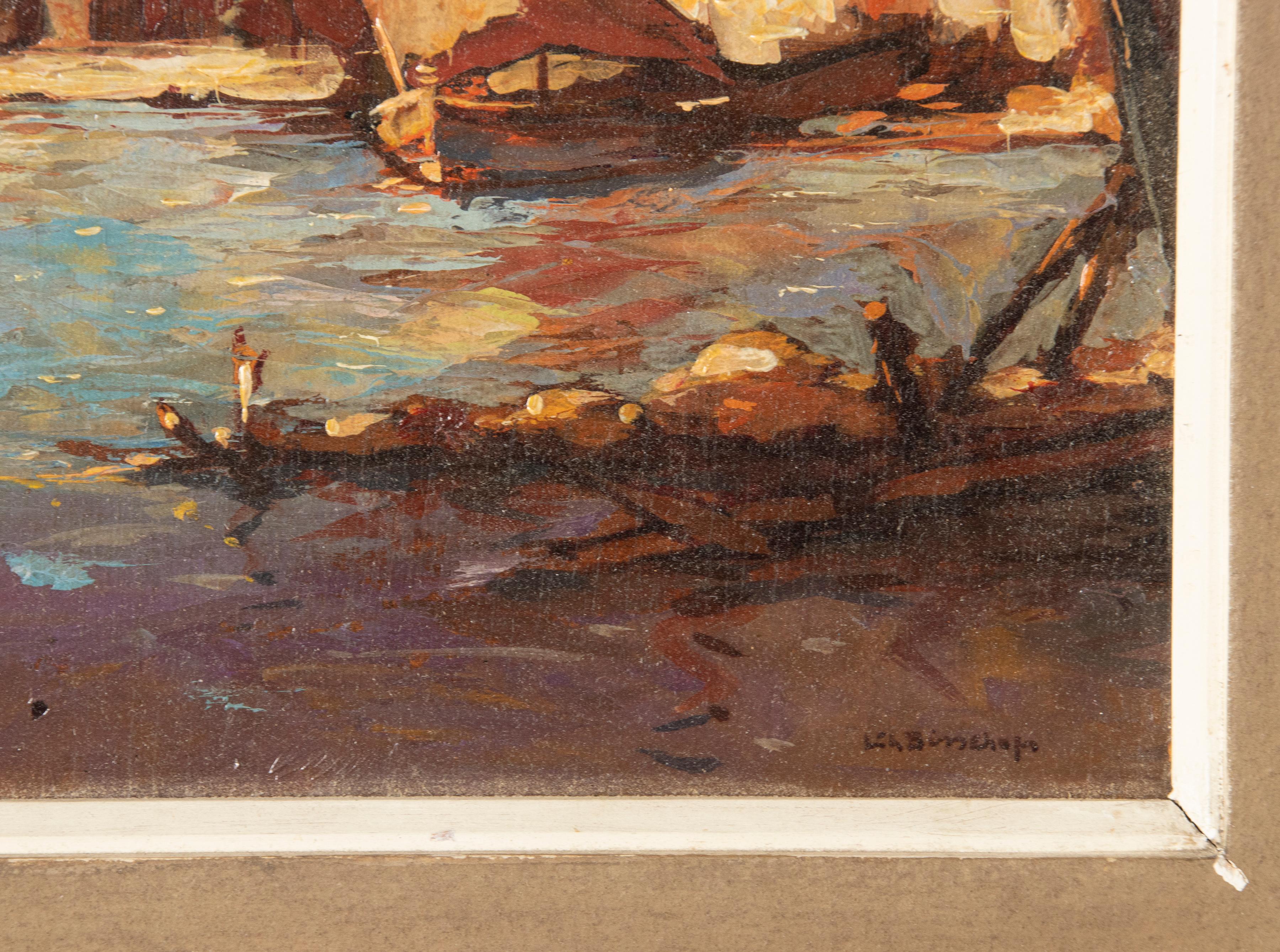 Peinture à l'huile d'une vue de port de 1937 par Carles Bisschops, huile sur panneau en vente 1
