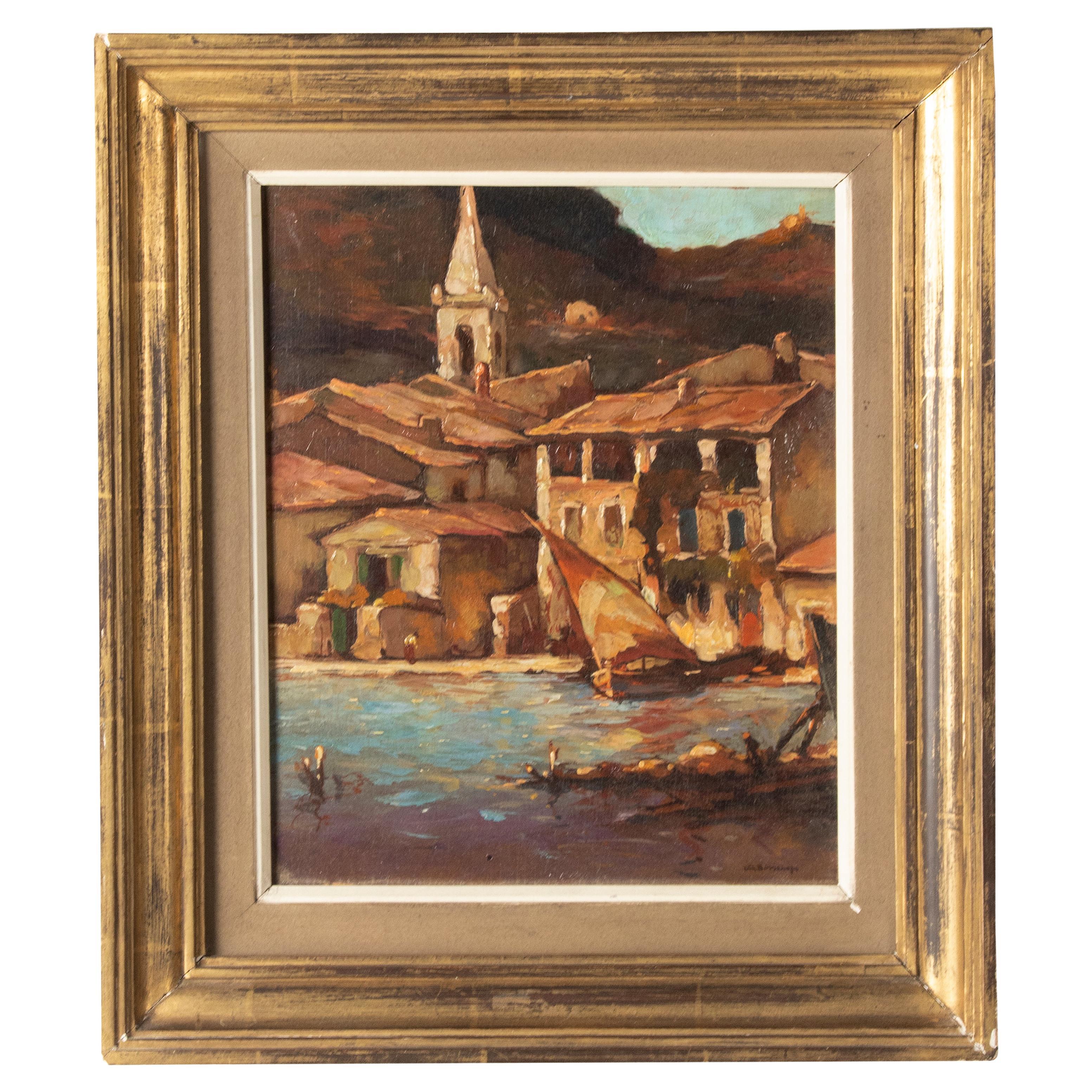Peinture à l'huile d'une vue de port de 1937 par Carles Bisschops, huile sur panneau
