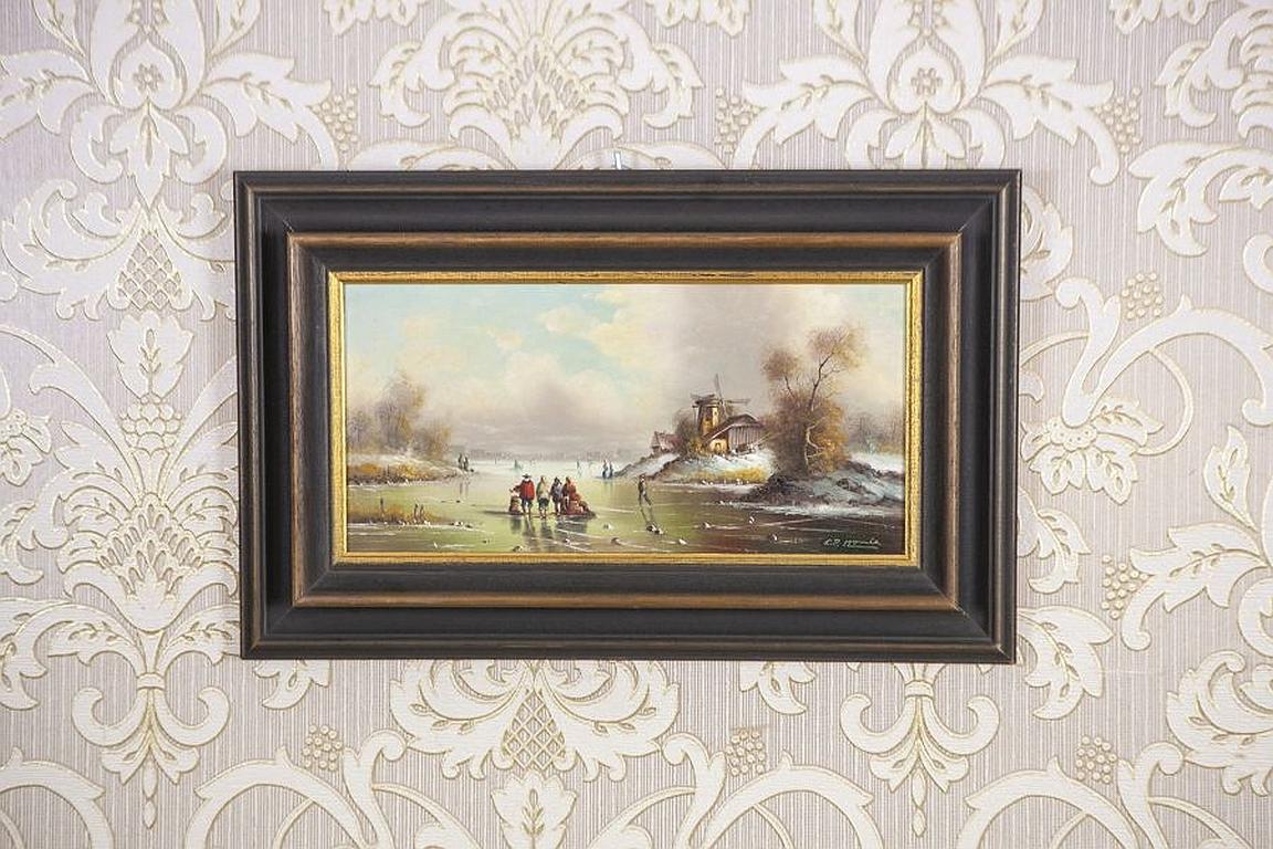 European Oil Painting from the Early 20th Century, Winter Rural Landscape For Sale