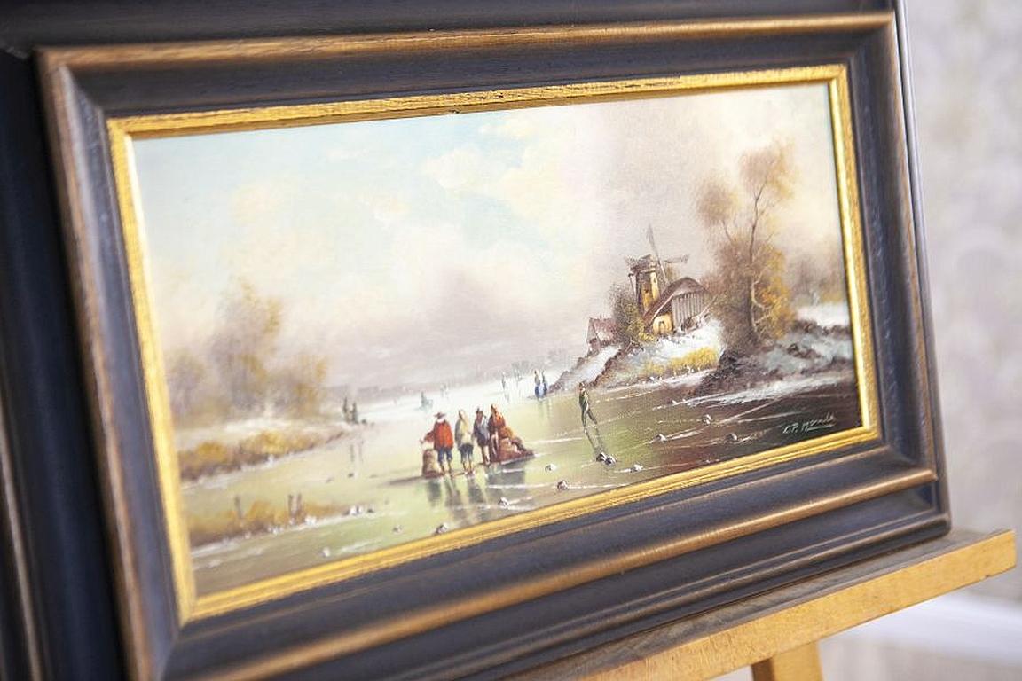 Peinture à l'huile du début du 20e siècle, paysage rural d'hiver Bon état - En vente à Opole, PL