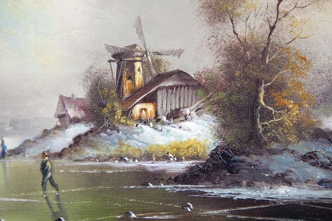 Toile Peinture à l'huile du début du 20e siècle, paysage rural d'hiver en vente