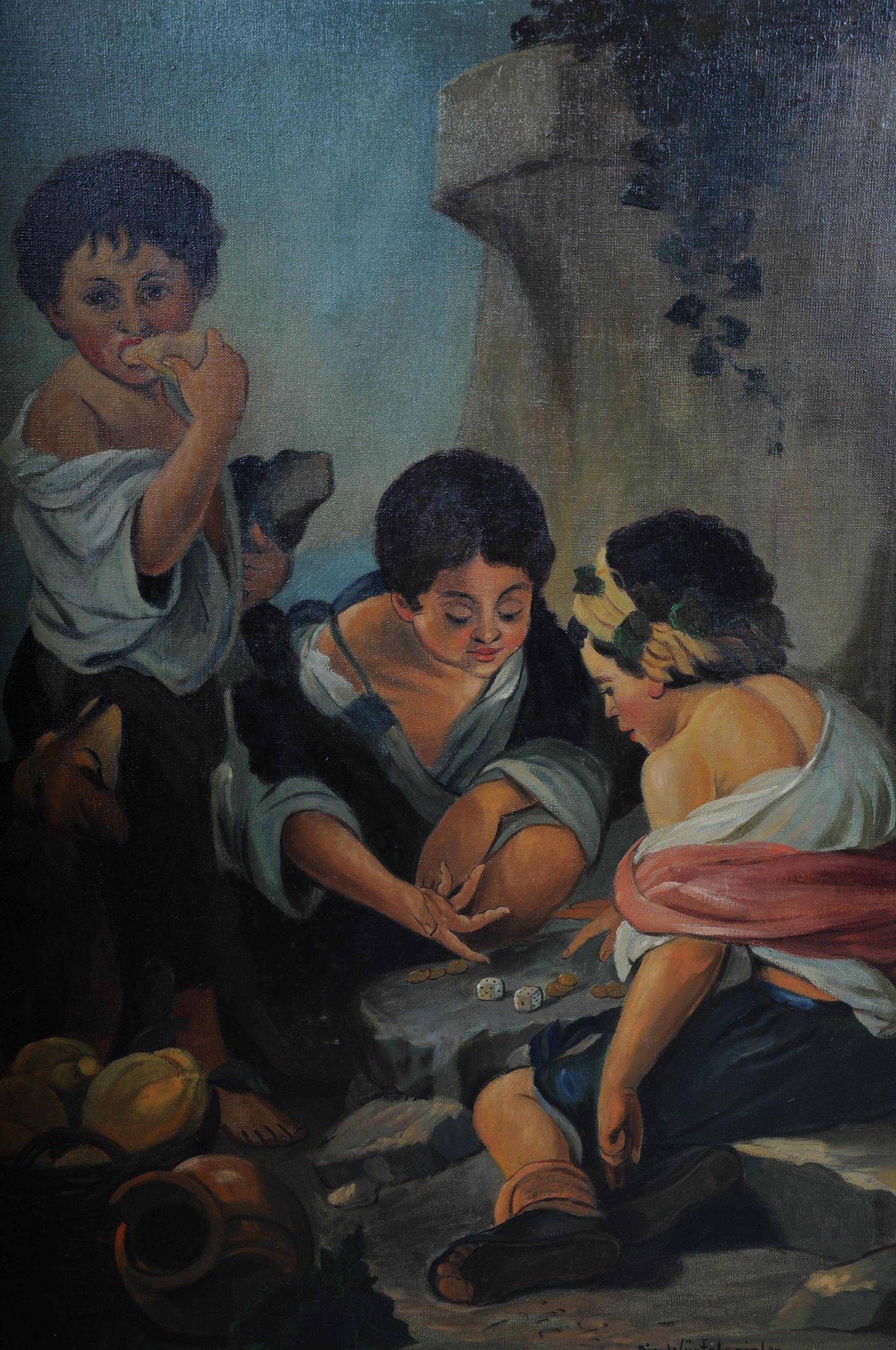 Huile sur toile 
Peint à la main 
à Murillo 
joueur de dés.

(S - 201) 
Gemälde.