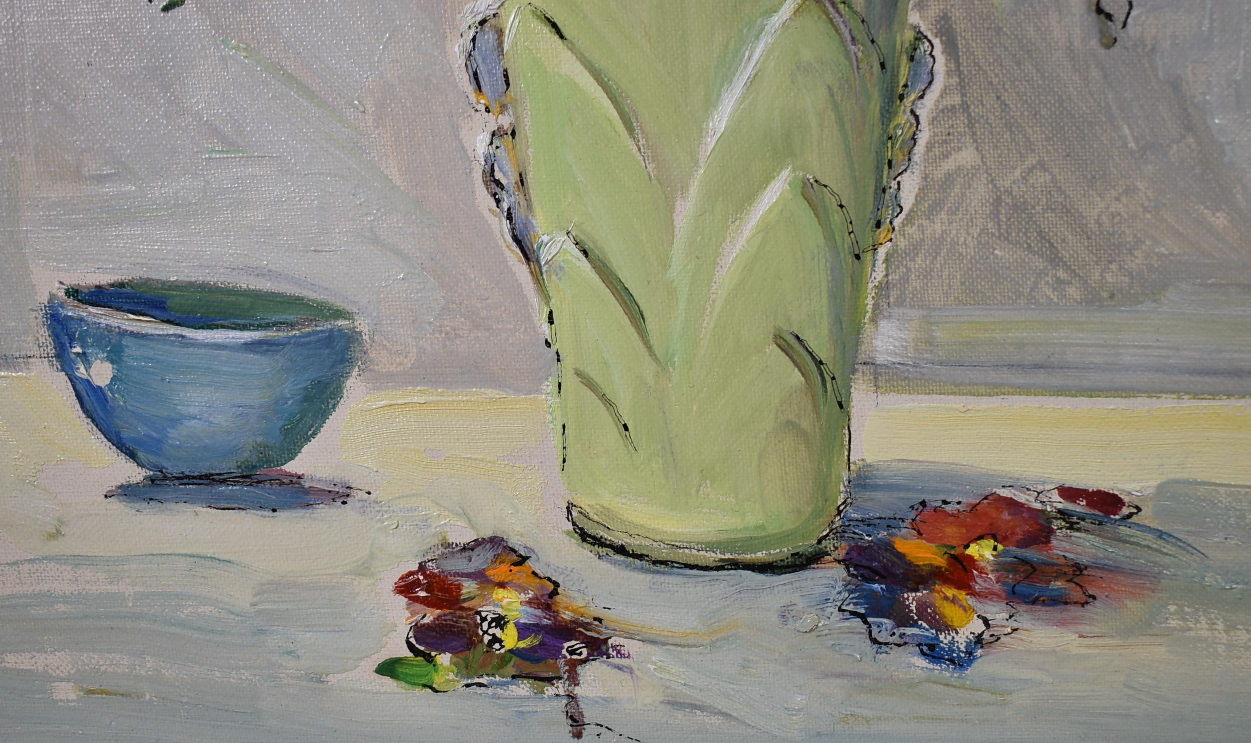 Modern Oil Painting Green Vase Dahlia Floral Still Life Thomas John Mitchell For Sale