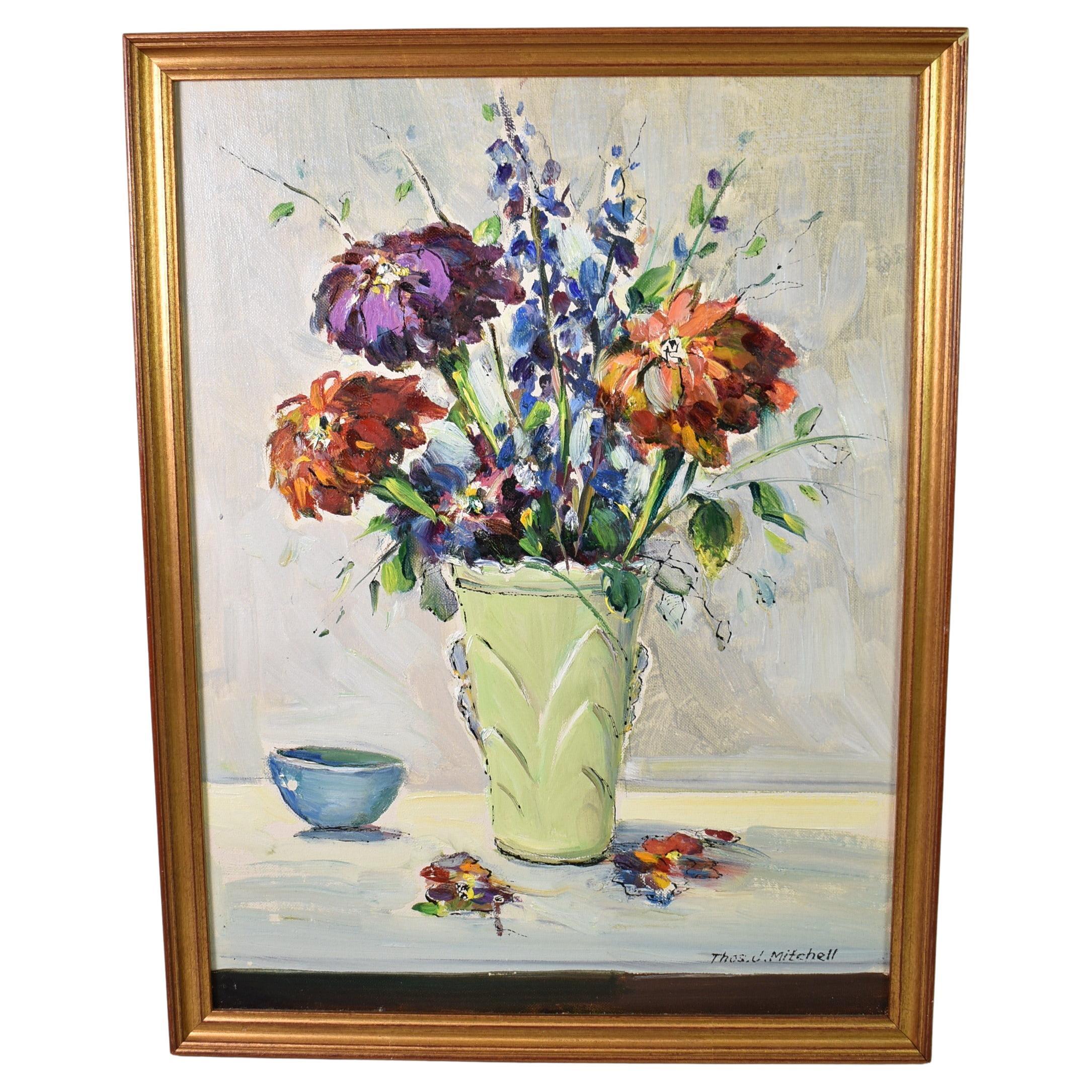 Oil Painting Green Vase Dahlia Floral Still Life Thomas John Mitchell For Sale