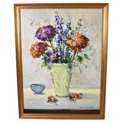 Vintage Oil Painting Green Vase Dahlia Floral Still Life Thomas John Mitchell