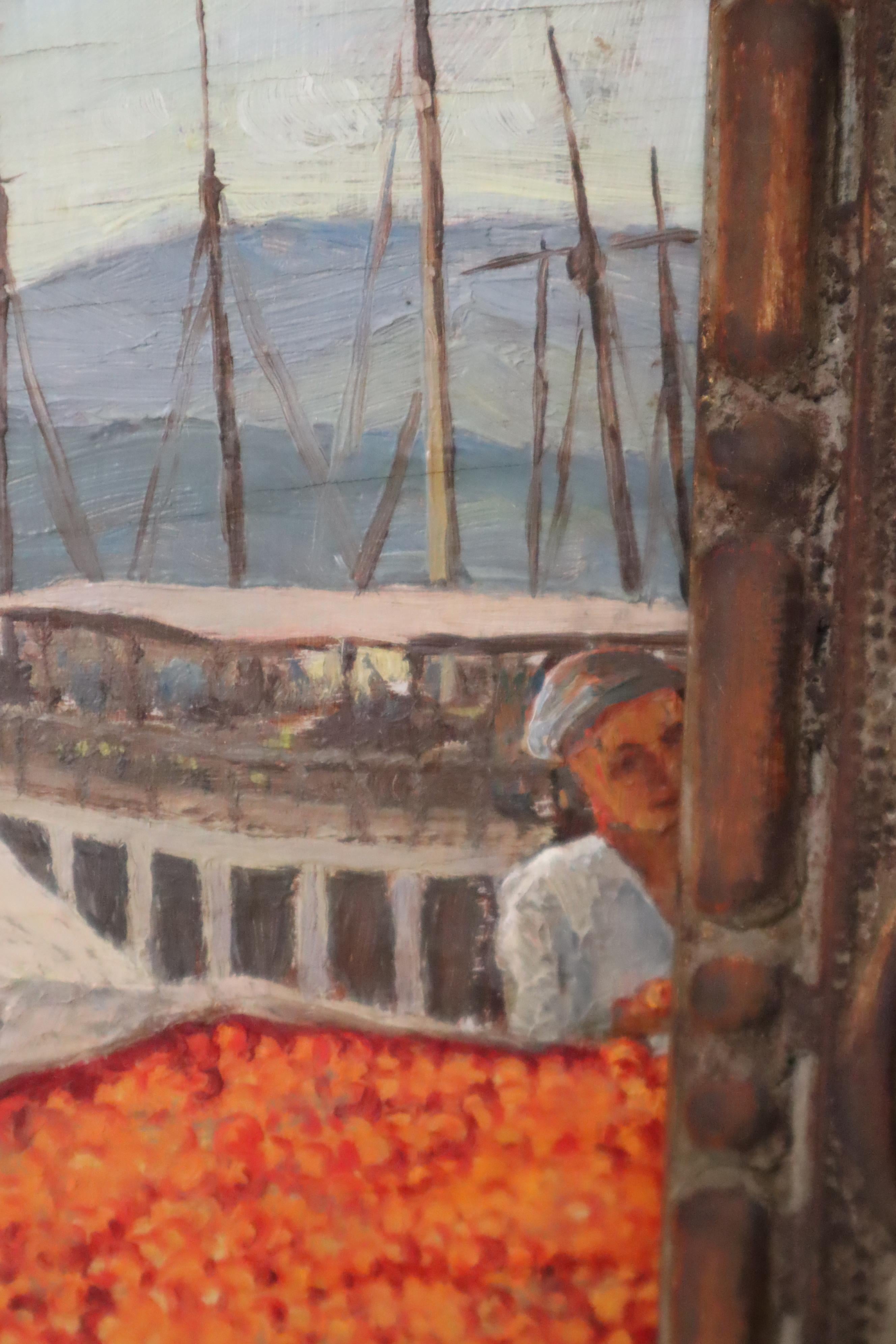 Oil Painting Haffseene on the Italian Adriatic Orange Hrvest, Italy 1940s For Sale 3