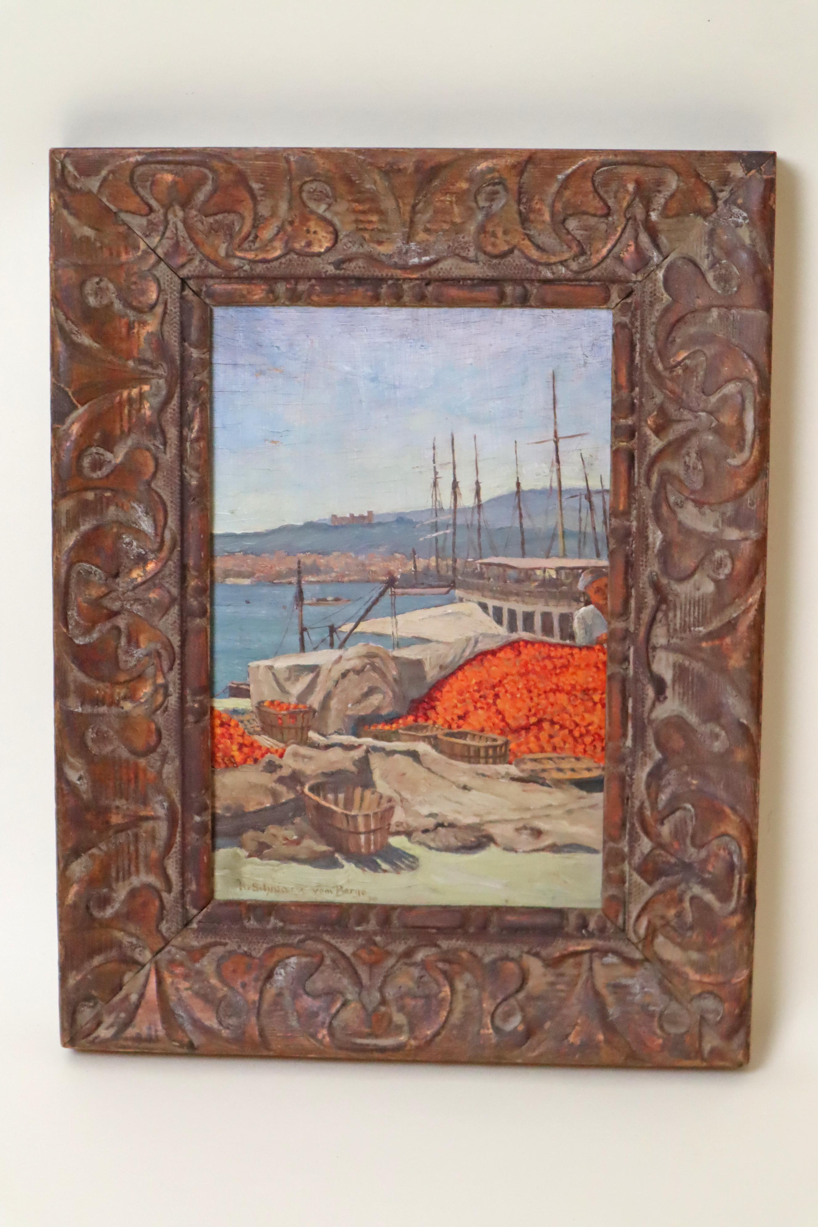Oil Painting Haffseene on the Italian Adriatic Orange Hrvest, Italy 1940s For Sale 4