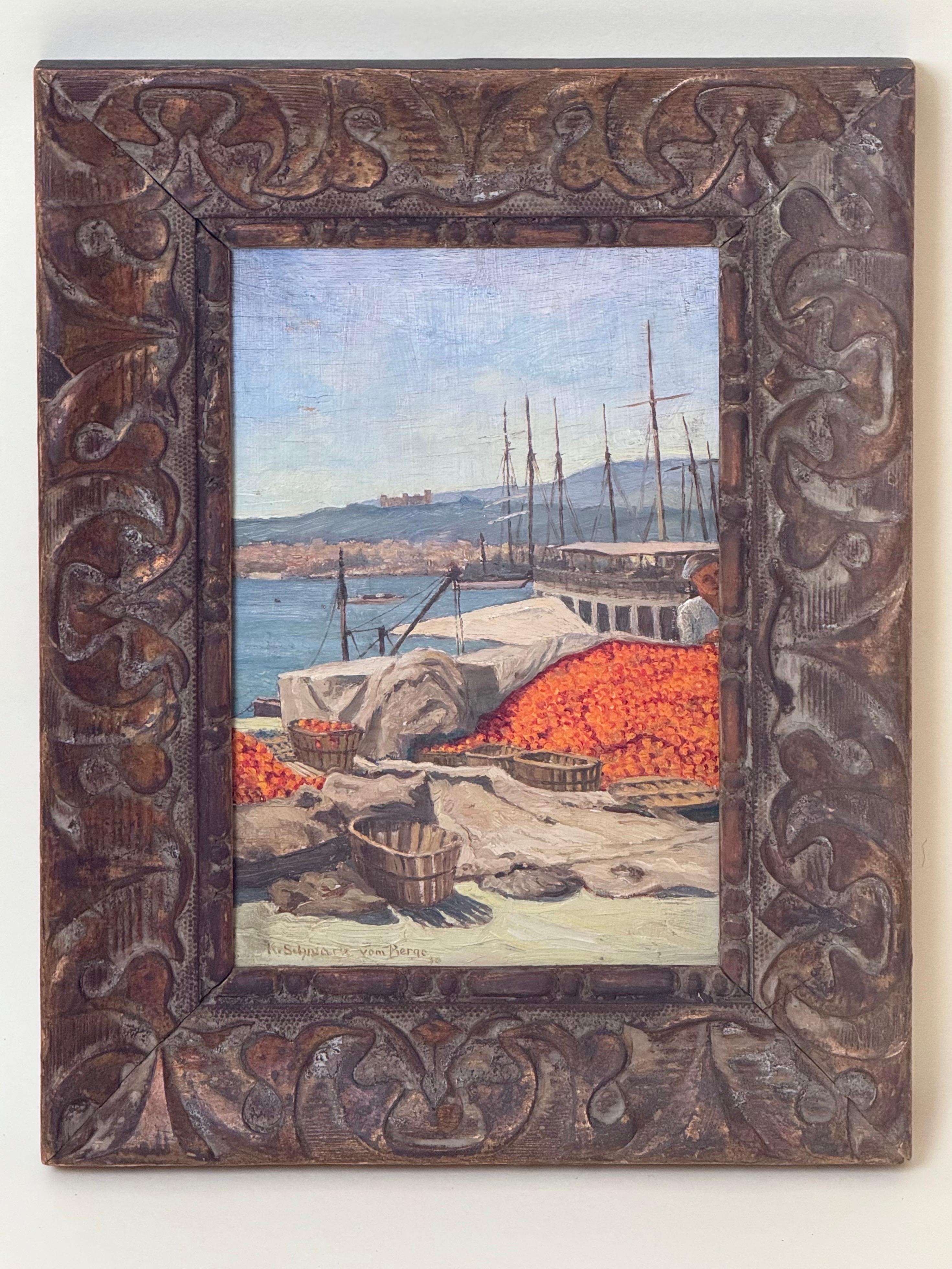 Oil Painting Haffseene on the Italian Adriatic Orange Hrvest, Italy 1940s For Sale 5