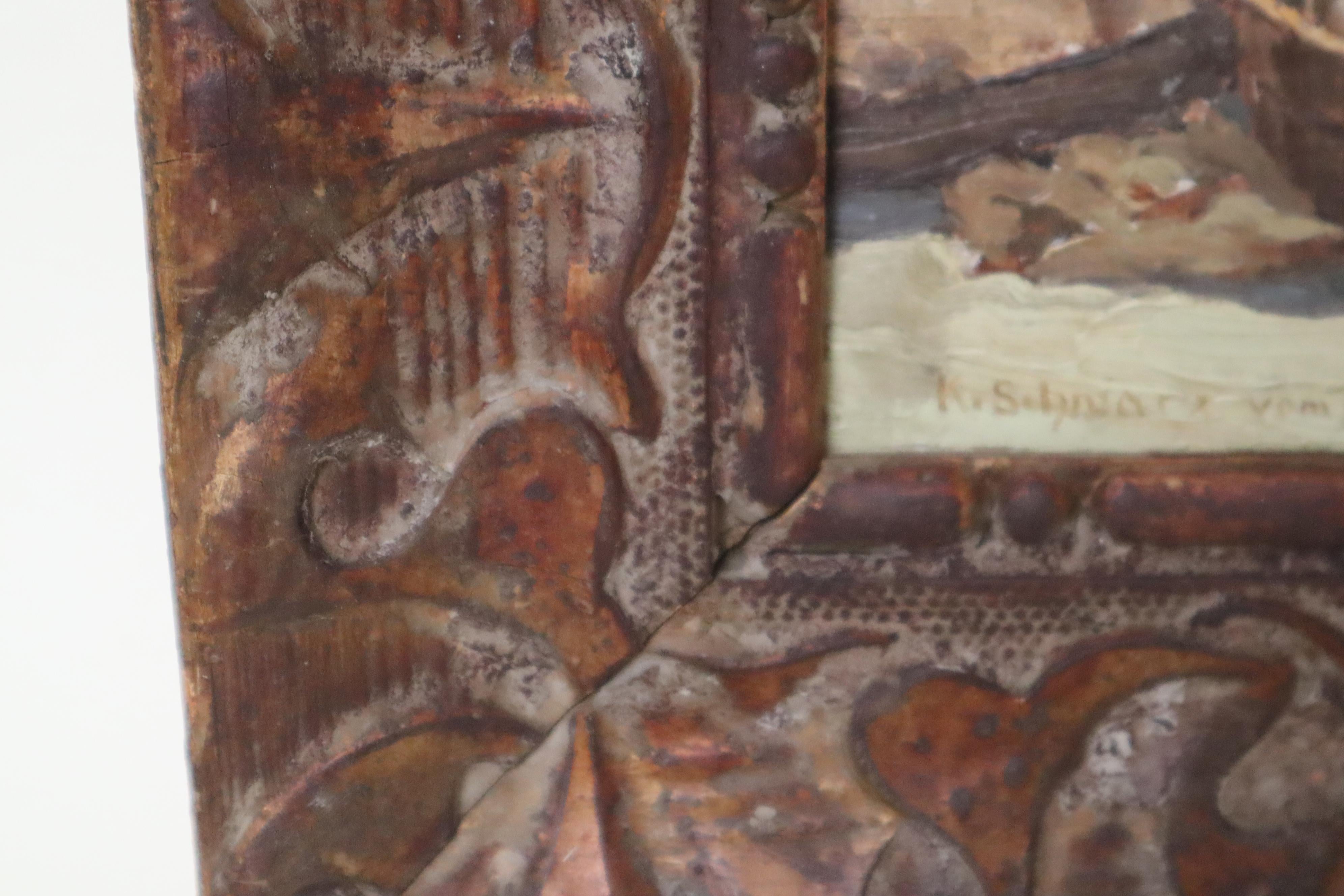 Hand-Carved Oil Painting Haffseene on the Italian Adriatic Orange Hrvest, Italy 1940s For Sale