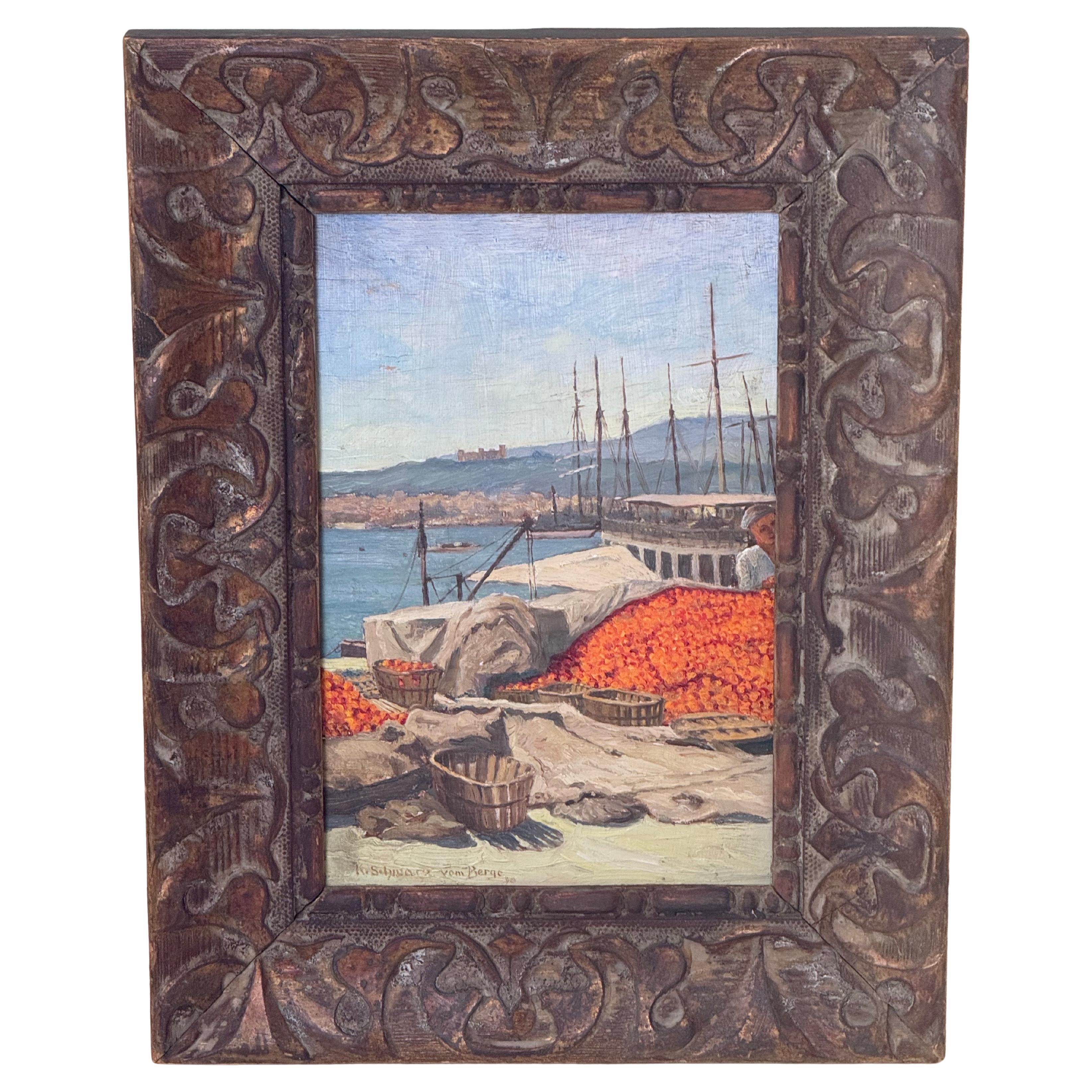Oil Painting Haffseene on the Italian Adriatic Orange Hrvest, Italy 1940s For Sale