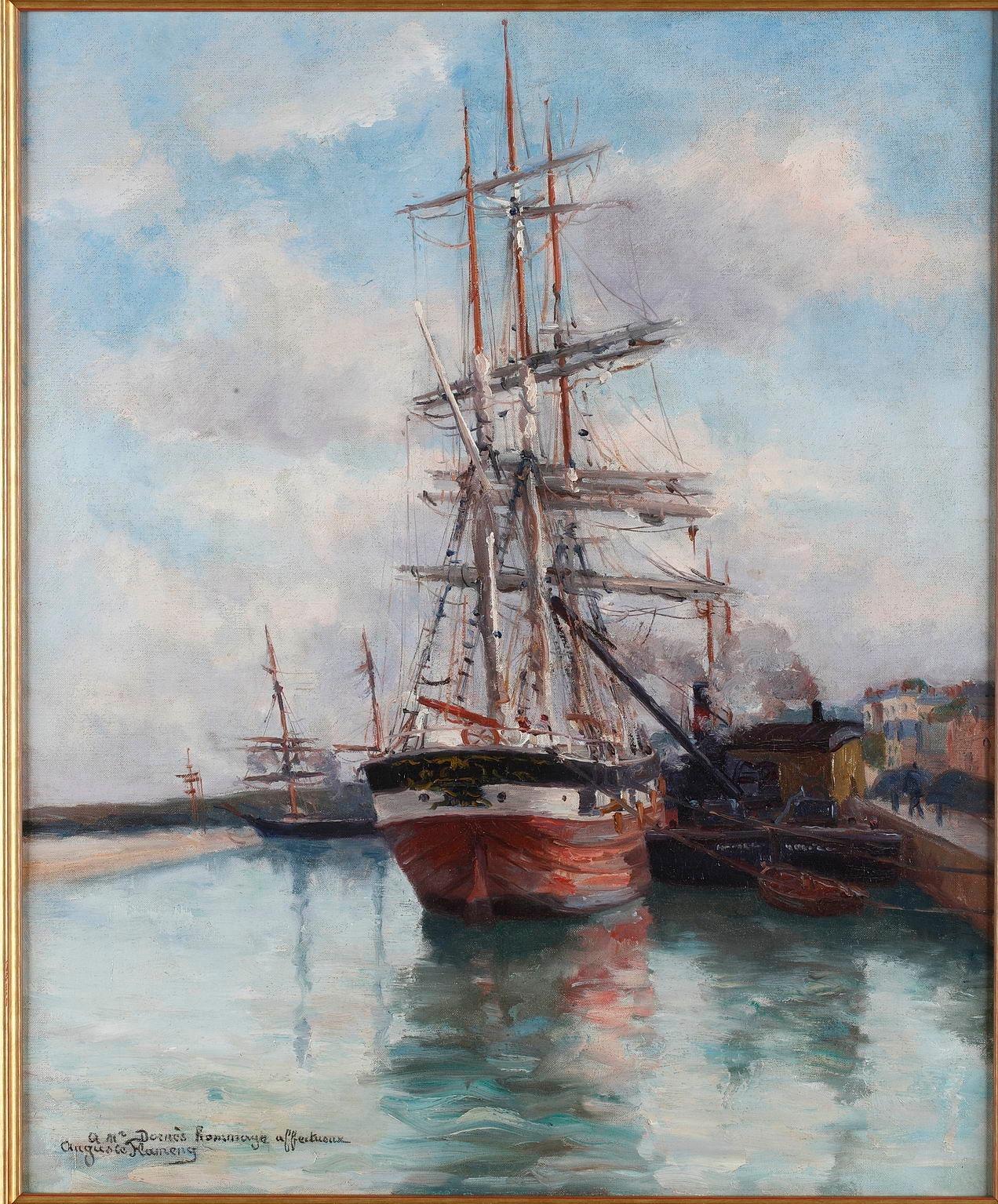 Late 19th century oil painting on canvas by the French painter Marie-Auguste Flameng (Metz, 1843, Paris, 1893). It captures a seascape with three ships in a harbor. The landscape is signed lower left and dedicated to Mr. Dornès : À Mr Dornès hommage