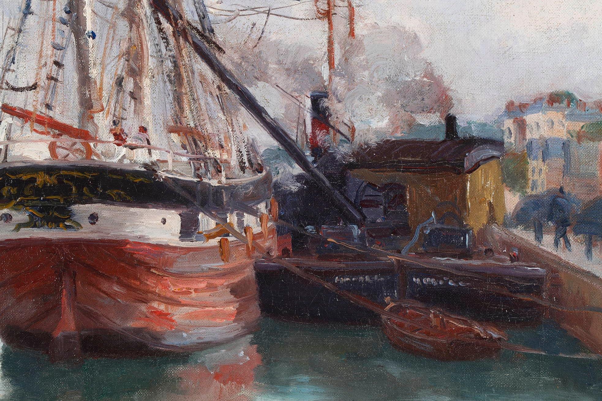 French Oil Painting, Harbor View by Marie-Auguste Flameng