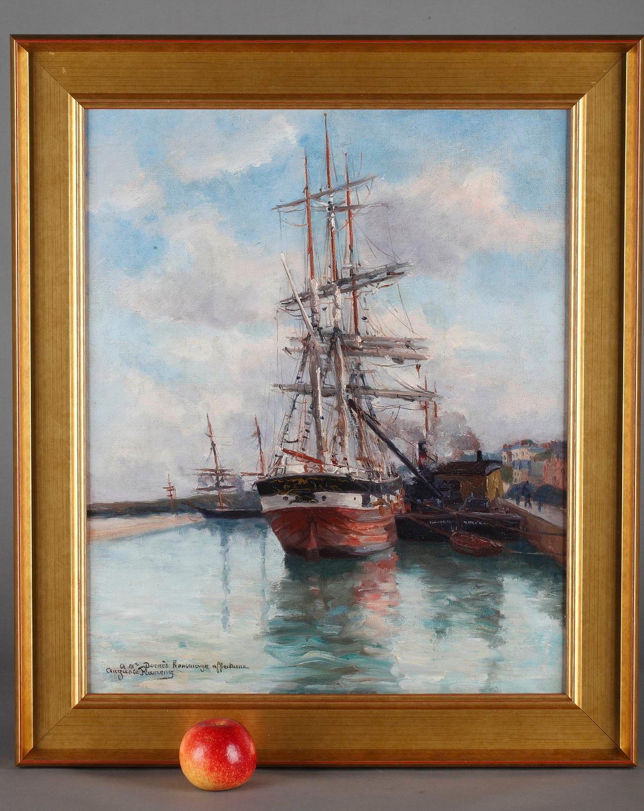 19th Century Oil Painting, Harbor View by Marie-Auguste Flameng