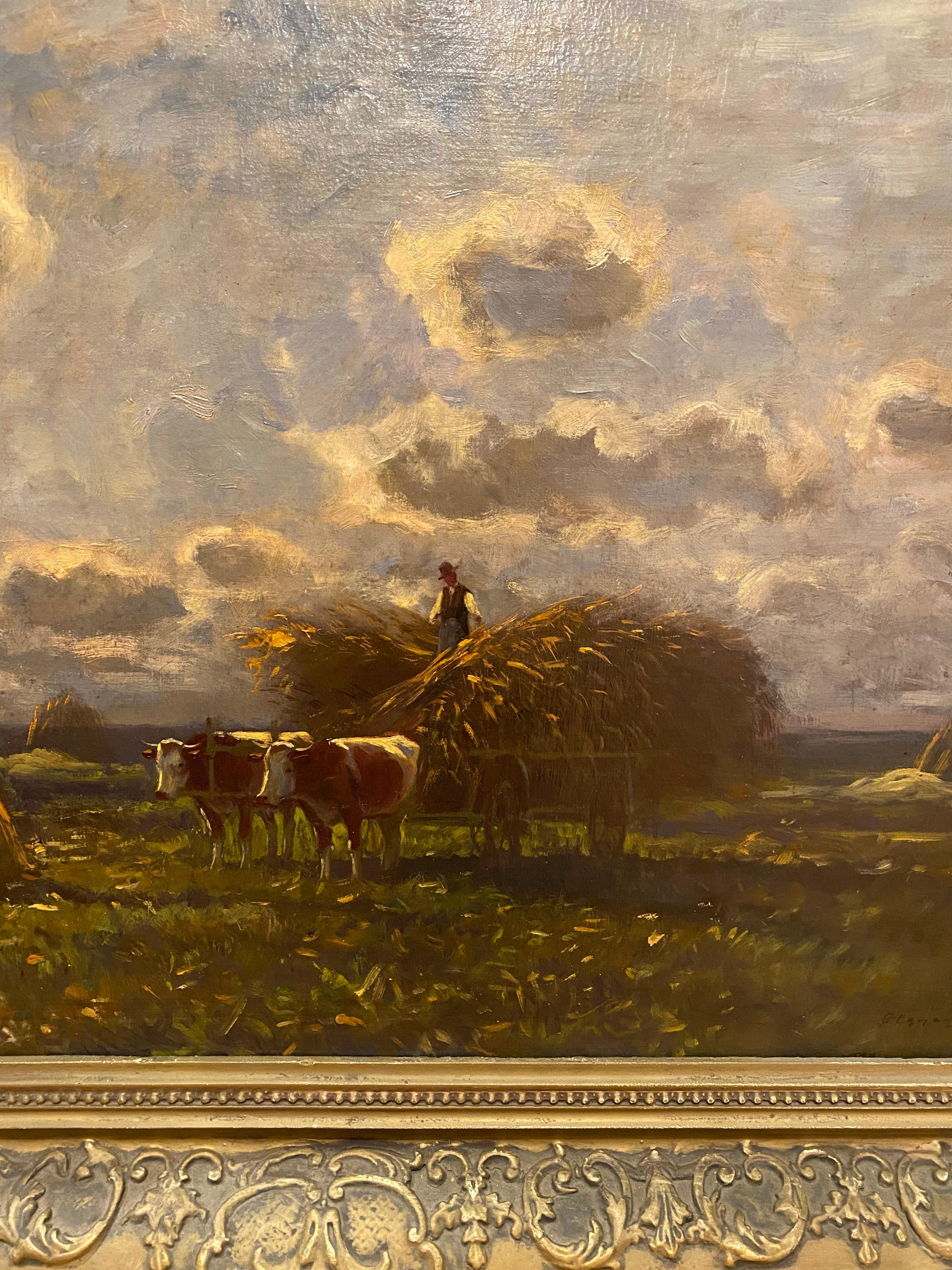 Huile sur toile - Peinture de scène rurale 

Par l'artiste hongrois de renom Ferenc OLGYAY
(1872-1939), 
qui a vécu et étudié à Budapest et à Munich et 
a été l'un des maîtres fondateurs de la Szolnok Artists Coloni, 
qui a été fondée en 1902 et qui