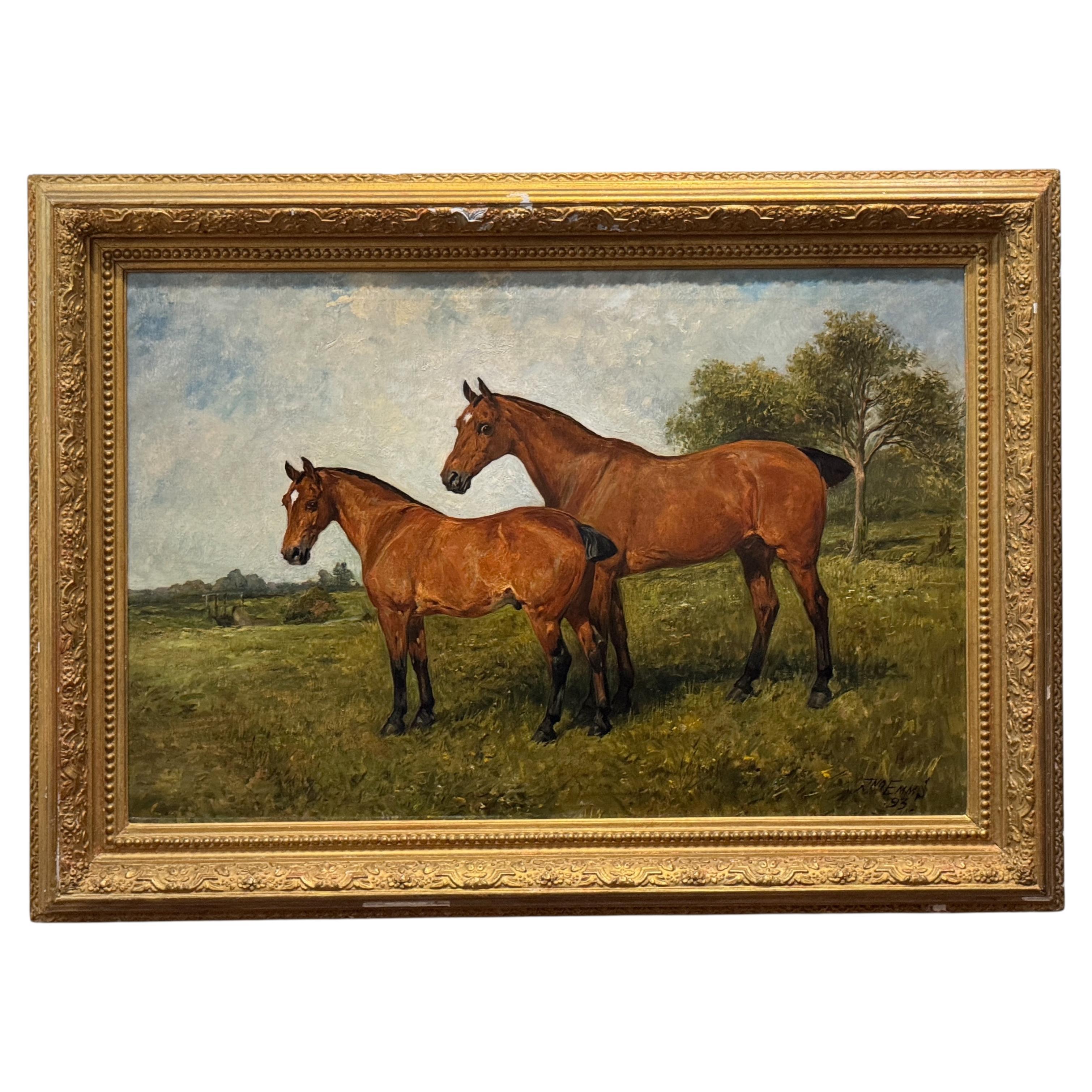Peinture à l'huile "Chevaux dans un paysage" par John Emms, datée de 1893