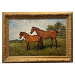 Peinture à l'huile "Chevaux dans un paysage" par John Emms, datée de 1893