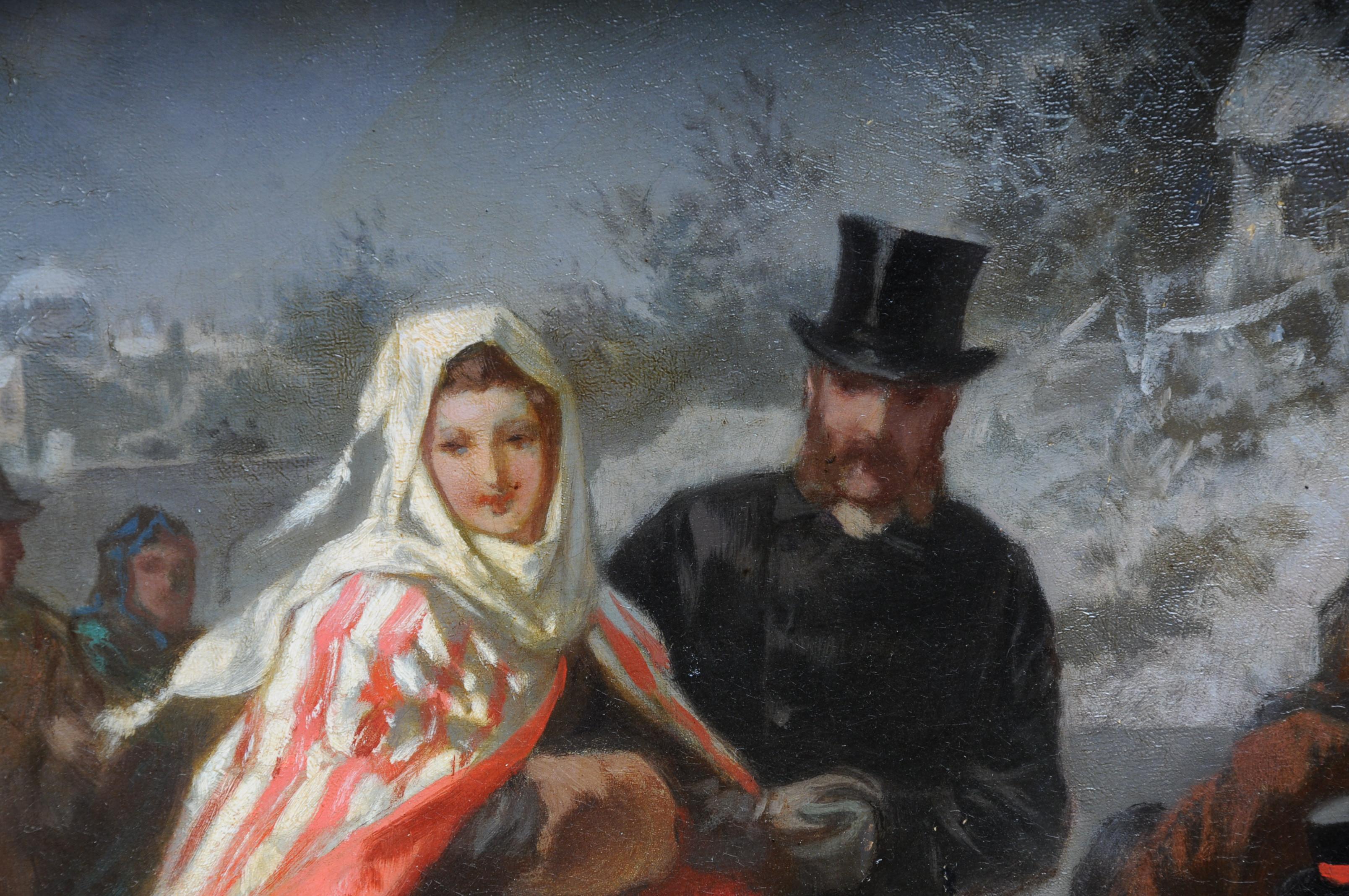 Oil Painting Ice Skating of a Princess, Germany 19th Century 3