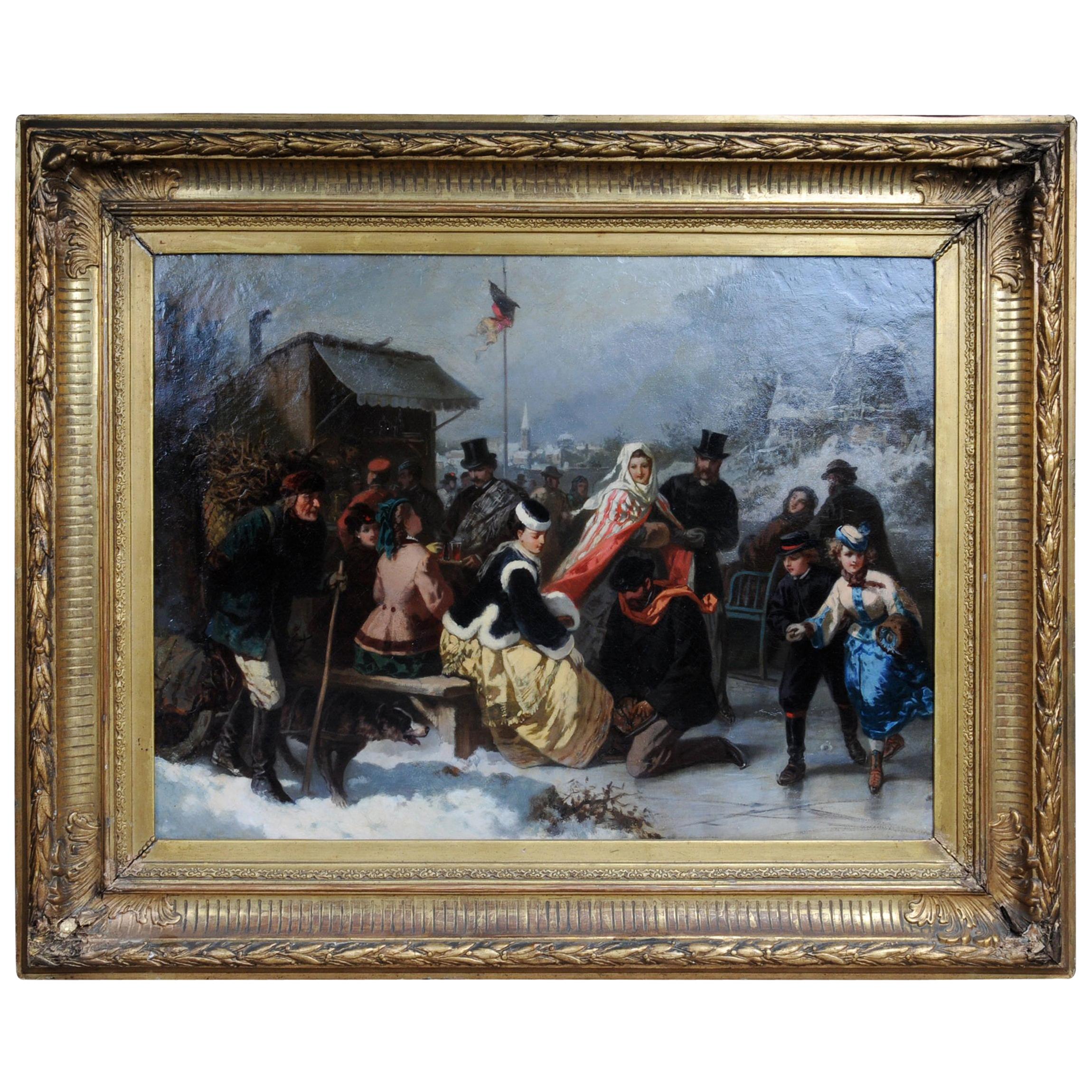 Oil Painting Ice Skating of a Princess, Germany, 19th Century For Sale